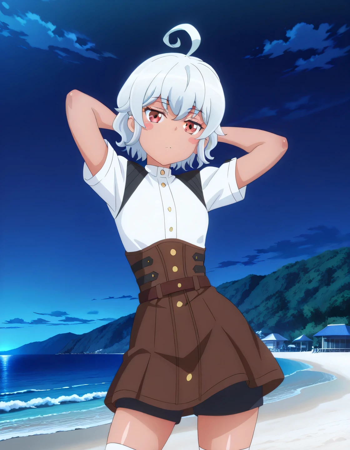 eris-mlf, red eyes, blush stickers, short hair, ahoge, dark-skinned female, white hair, aqua-kuzunoha-outfit, skirt, zettai ryouiki, shorts under skirt, anime screencap, high quality, solo, shiny skin, night sky, beach, arms behind head, (contrapposto), closed mouth, expressionless, cowboy shot, looking at viewer, best quality
