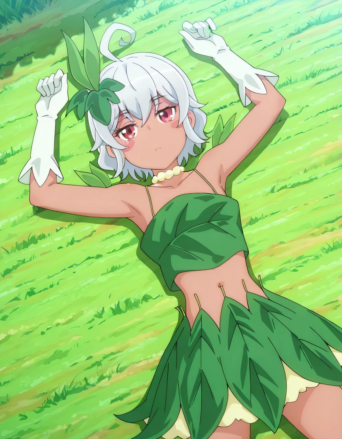 eris-mlf, red eyes, blush stickers, short hair, ahoge, dark-skinned female, white hair, eris-leaf-outfit, leaf, white gloves, bare shoulders, navel, collarbone, anime screencap, high quality, solo, lying, on back, arms up, legs apart, closed mouth, grass, cowboy shot, looking at viewer, overhead view, expressionless, best quality,