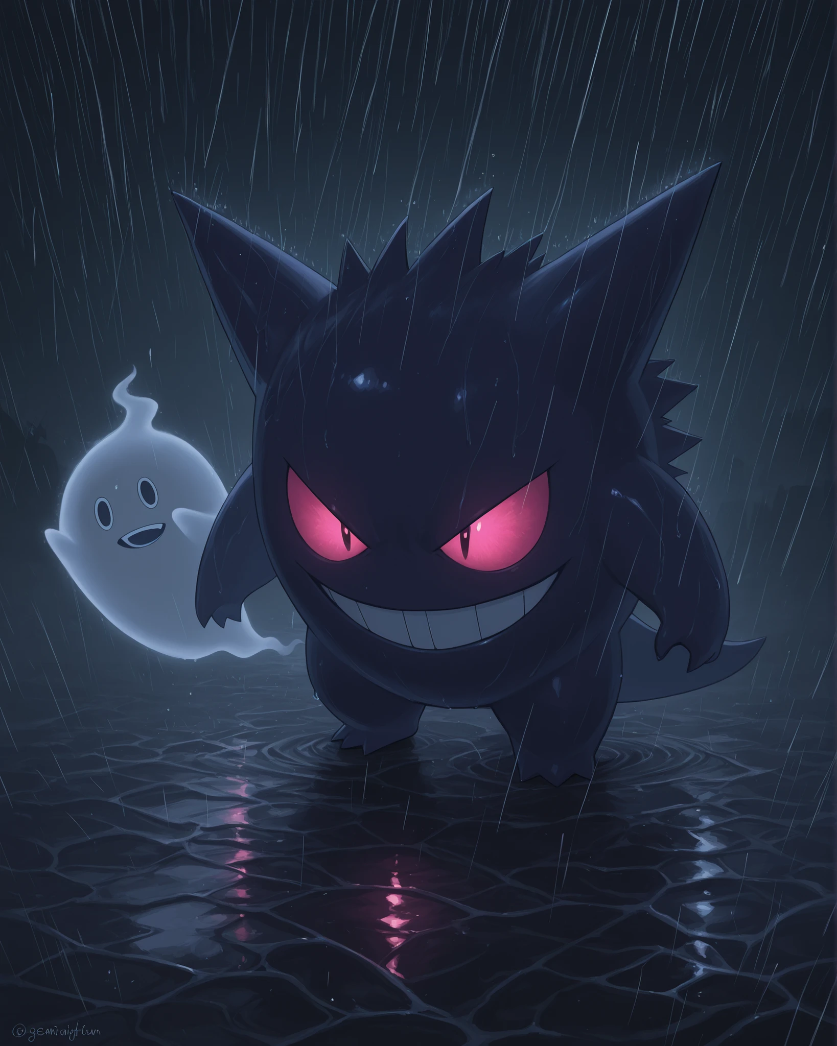 ghost town, Gengar: Shadow Pokemon, midnight, Heavy rain, Eyes glow in the dark