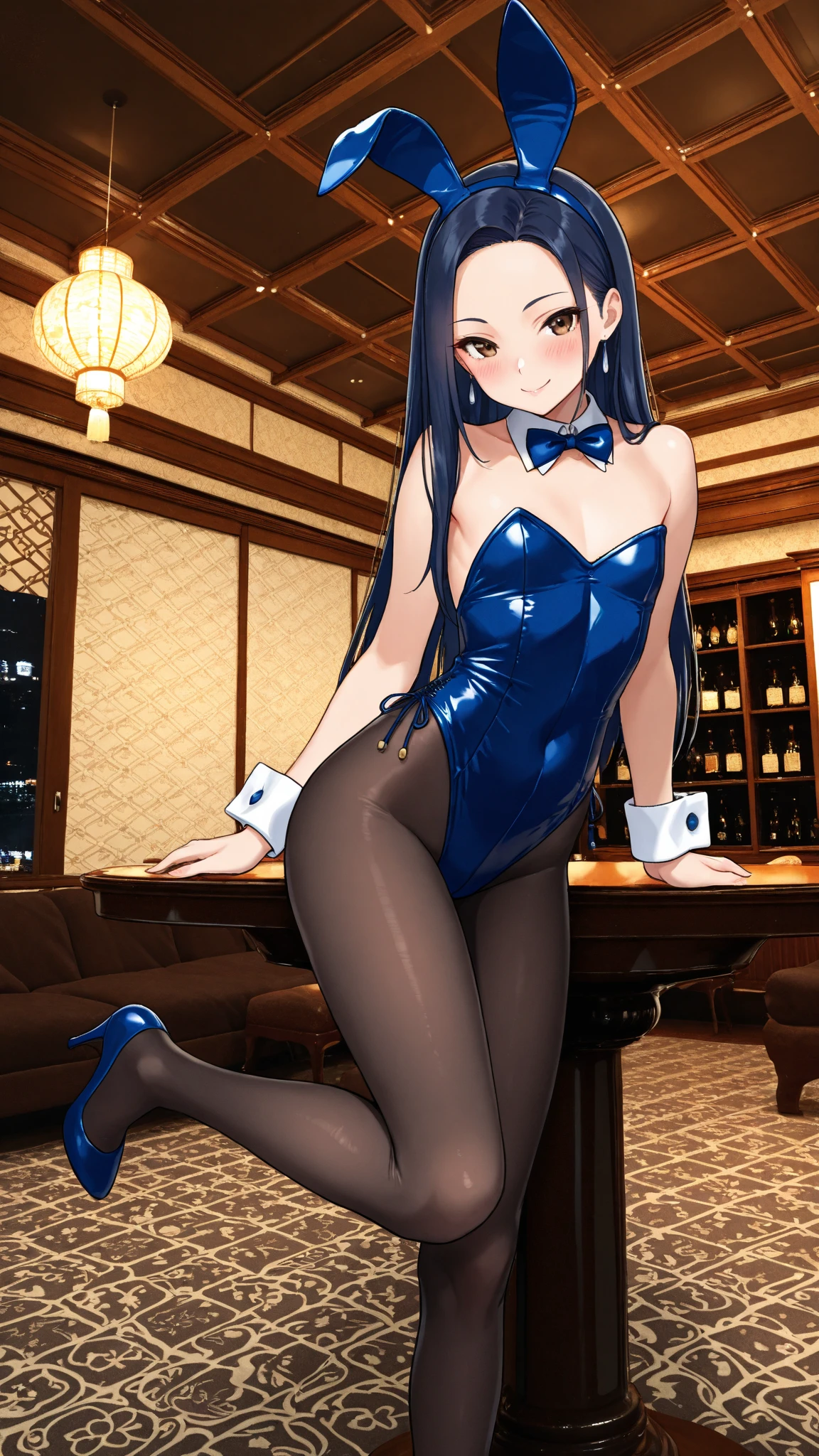 score_9, score_8_up, score_7_up,
best quality, masterpiece, ultra detailed,
<lora:Expressive_H:1>, 28 years old, mature, 
light smile, blush, lips, nose,
looking at viewer, bokeh, blurry background,
<lora:Everlasting_Summer_Viola:0.7>, viola, ponytail hair, heterochromia eyes, left eye red, blue eye blue, blue eyes, heterochromia, ponytail, red eyes, black hair, blue hair, medium breasts, milf woman solo, 
facial mark, hair ornament, hair ribbon, heart-shaped pupils, playboy bunny, black leotard, strapless leotard, clothing cutout, detached collar, blue bowtie, wrist cuffs, black pantyhose, fishnet pantyhose, thigh strap, rabbit tail, cleavage,
amazing background,