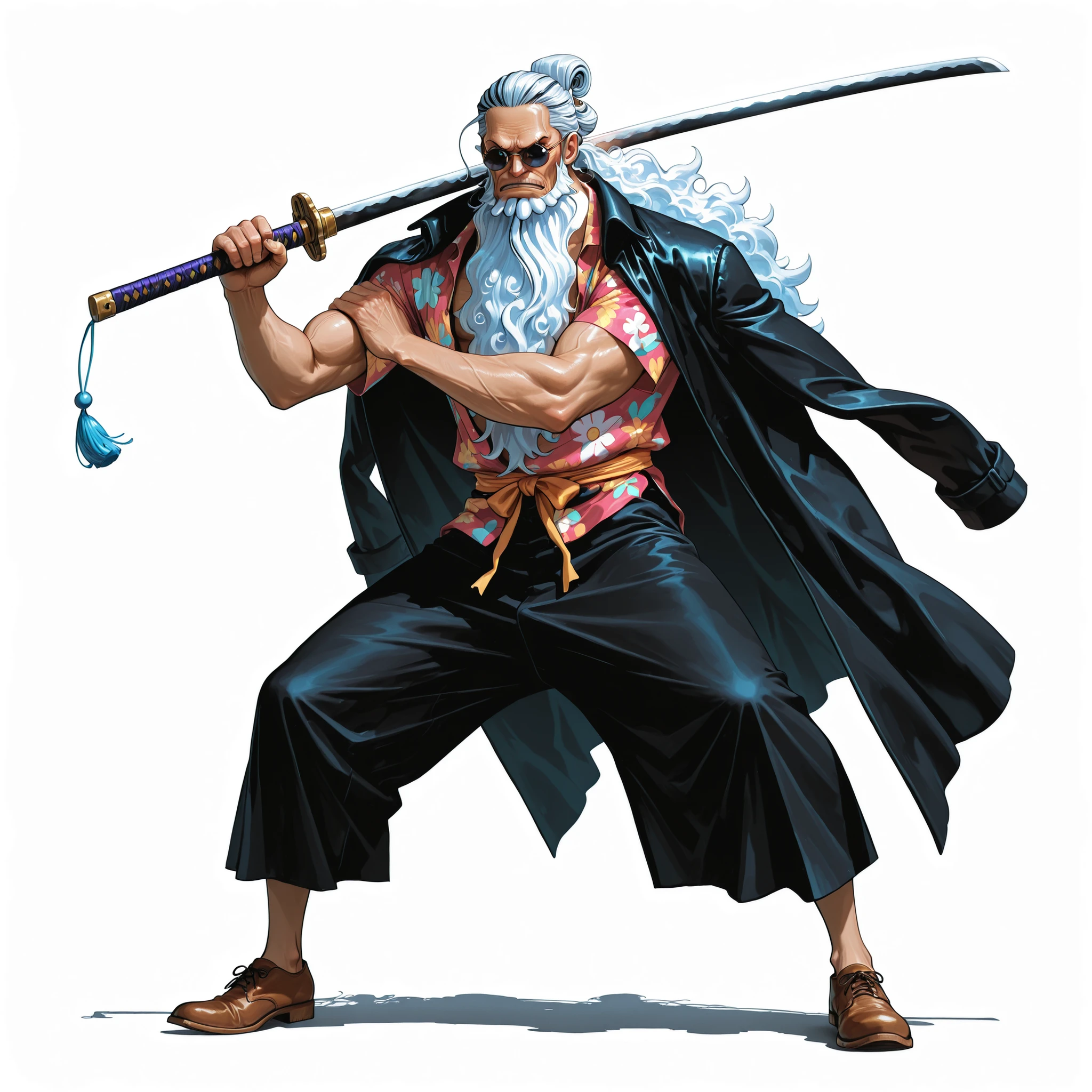 (male), (old man, Slim body), (long slicked back hairstyle), (white long hair, long beard), (blue eyes), (round sunglasses), (muscular body), (holding one katana), (serious face), (solo), (single character), (full body version), (white background), (no background), (highly detailed), (shadow), (standing pose), (natural light), (detailed outfit), (detailed hand), (detailed face), (detailed hair)
Wearing a colorful open Hawaiian shirt with floral patterns, short black trousers, brown shoes, long black coat draped on shoulders, (One piece style art)