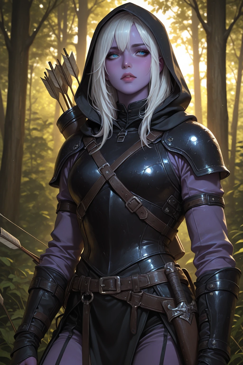 Necromancer Archer Figure: A female archer, slim and athletic, with a dark yet elegant aura.hair: Her short hair is a mix of blonde and purple, perhaps with flowing transitions or ombre effect, slightly wavy and fall over her shoulders.eyes: Your eyes glow in an unnatural green or an icy blue, a reference to her necromantic abilities.attire: She wears a combination of medieval armor and magical robes. Dark, Leather armor decorated with runes covers her upper body and arms. Under the armor she wears a black, slightly torn cloak, fluttering in the wind.arch: Her arch consists of a dark, enchanted wood, decorated with silver or luminous symbols. The arch radiates an eerie energy.Arrows: The arrows in her quiver also have a magical effect, with black feathers and tips, which are surrounded by a dark aura.backdrop: The backdrop could be a dark forest or a dilapidated, show foggy landscape, which enhances the mystical and threatening atmosphere.short Purple hair