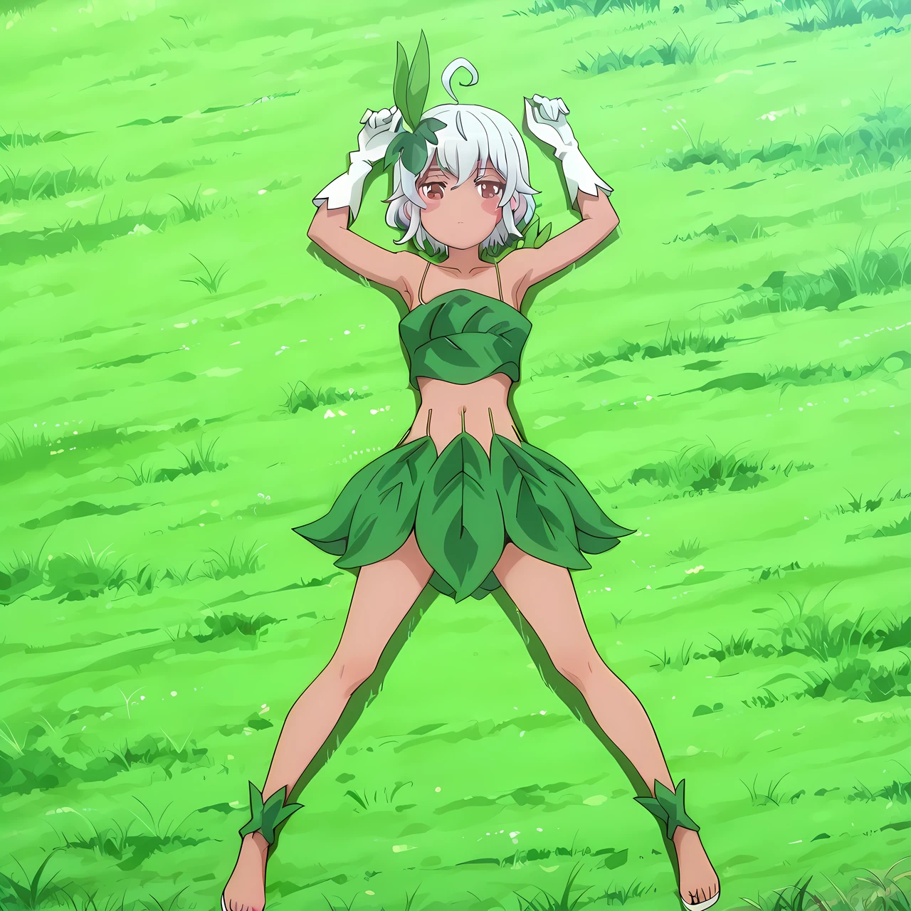 eris-mlf, red eyes, blush stickers, short hair, ahoge, dark-skinned female, white hair, eris-leaf-outfit, leaf, white gloves, bare shoulders, navel, collarbone, anime screencap, high quality, solo, lying, on back, arms up, legs apart, closed mouth, grass, full body, looking at viewer, overhead view, expressionless, best quality,