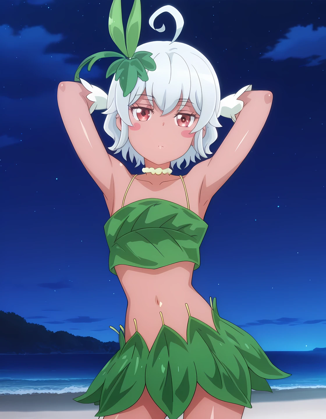 eris-mlf, red eyes, blush stickers, short hair, ahoge, dark-skinned female, white hair, eris-leaf-outfit, leaf, white gloves, bare shoulders, navel, collarbone, anime screencap, high quality, solo, shiny skin, night sky, beach, arms behind head, (contrapposto), closed mouth, expressionless, cowboy shot, looking at viewer, best quality