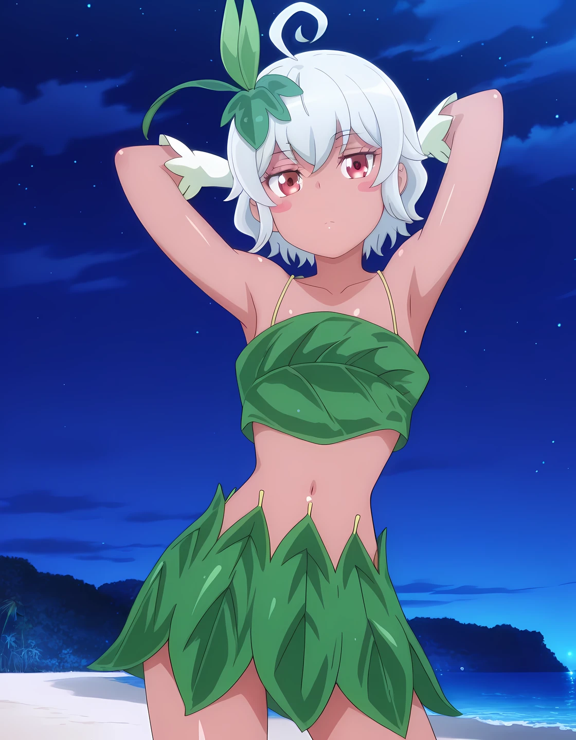 eris-mlf, red eyes, blush stickers, short hair, ahoge, dark-skinned female, white hair, eris-leaf-outfit, leaf, white gloves, bare shoulders, navel, collarbone, anime screencap, high quality, solo, shiny skin, night sky, beach, arms behind head, (contrapposto), closed mouth, expressionless, cowboy shot, looking at viewer, best quality