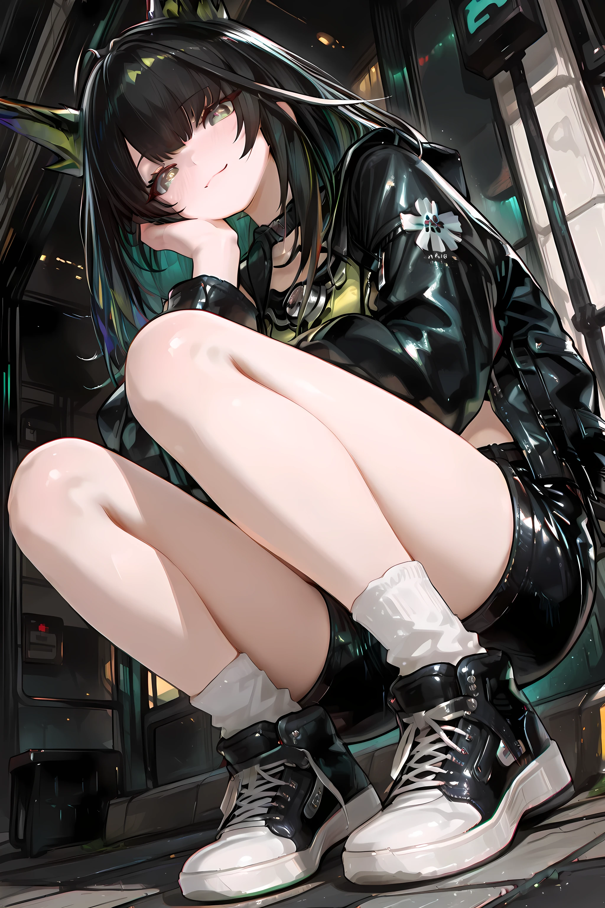 (masterpiece, detailed:1.2),748cmstyle,mon3tr \(personification\) \(arknights\), blushing. Wearing crop top, baggy leather jacket, short pants, white socks, sneaker shoes. In the town square, warm smile, hand on chin, squat on sidewalk pavement, looking at viewer, afternoon, view from below, long shoot, cinematic light, god-ray effect, eyes focus, detailed eyes, chromatic effect, chromatic ambient 2.5, chromatic vignette 2.5, chromatic aberration 2.5, high res, best quality, by Pixiv, arts station, official arknights style.