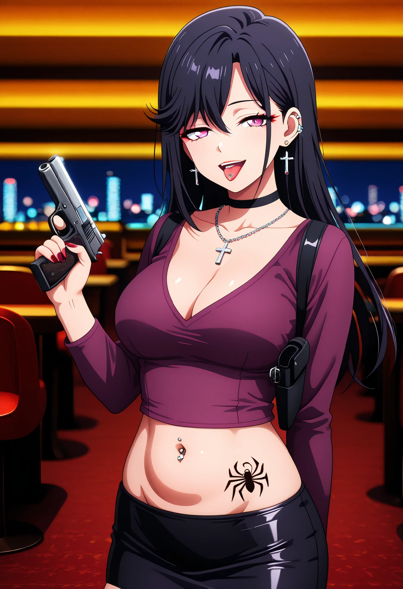 masterpiece, best quality, amazing quality, depth of field, long hair, black hair, purple eyes, , nail polish , , makeup , ear piercing , long hair , lipstick , Hot girl , baddie , smoking , sensual , attractive , choker , cross necklace ,,tongue piercing , tongue out , open mouth, jewelry, earrings,bar background, inside bar,indoors, cityscape, casino, nightclub, city lights, masterpiece,high quality,4k,belly,,holding pistol,cleavage, unbuttoned shirt, purple shirt, sweater, knot, indoor,smile, open mouth, () , evil expression, exposed belly, exposed navel, exposed midriff, exposed lower belly, ,jacket, black micro miniskirt, micro pencil skirt,,navel piercing,, shoulder holster,, medium ,looking at viewer ,spider tattoo on waist, narrowed eyes, tattoo on waist, anipai_style , anime screencap , anime coloring