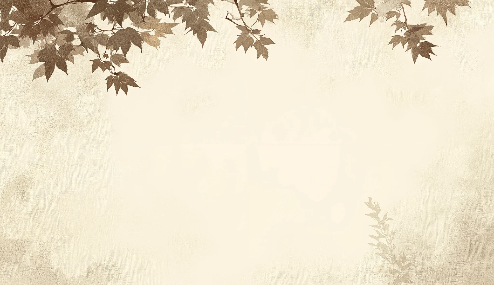 “Ultra high resolution, ultra HD illustration. A minimalist vintage-style background with soft muted colors. Subtle textured backdrop in faded beige, olive, brown, and pale bluish-gray tones, resembling aged parchment or weathered fabric. Overlay of faint shadowy silhouettes of leaves and plants blending softly into the background. From the top edge, delicate tree branches extend downward with clusters of dark brown leaves in sharp silhouette, creating a natural hanging effect. Elegant, serene, atmospheric composition with clean simplicity, refined detail, and a timeless mood.”