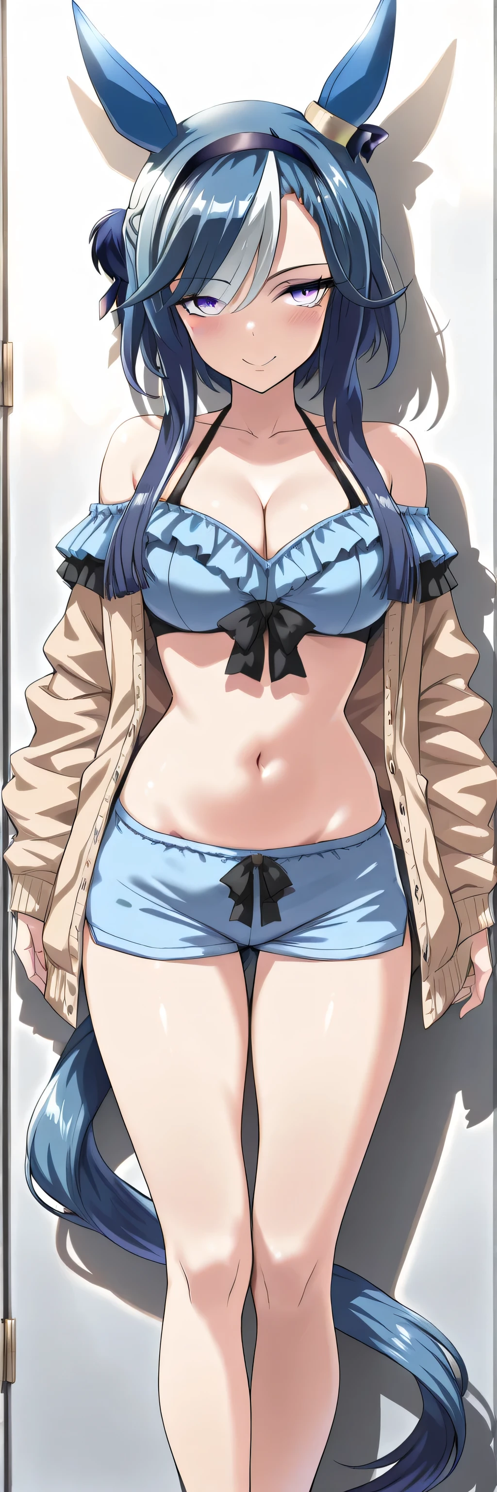 (rating:general, 1girl, admire groove \(umamusume\)), ((masterpiece, athletic, navel, groin, narrowed eyes, looking at viewer), (best quality, ultra detailed, intricate details, hyper detail), radiant skin, sharp focus, amazing quality, shadow, close-up), bikini under shorts, halterneck, brown cardigan, front-tie top, open clothes, off-shoulder, thigh gap, against wall, navel, groin, large breasts, cleavage focus, linea alba, dynamic angle, arched back, feet out of frame, smile, blush, year 2025, slender, morning, horse ears, looking at viewer, location, masterpiece, no text, -0.8::feet::, rating:general, location