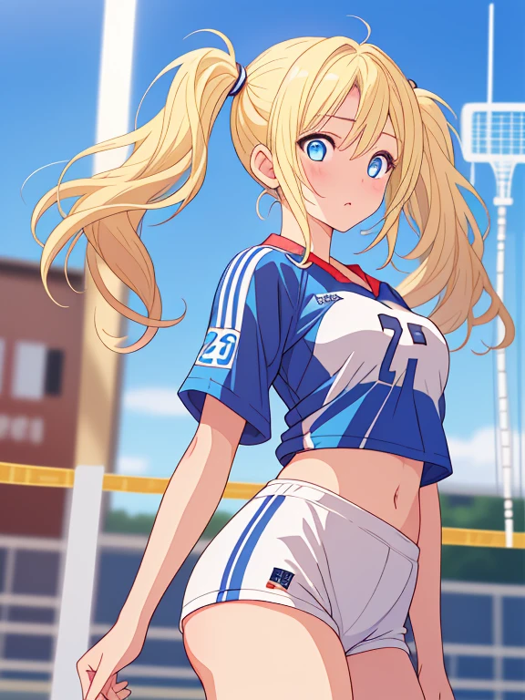 femele,１Child 0 years old,Golden head hair,sports wear,Sportsbra,shortpants,Side Up Ponytail,Blue eyes,through,Mansuji, are see-through,small ,Leaking ,The  is wet