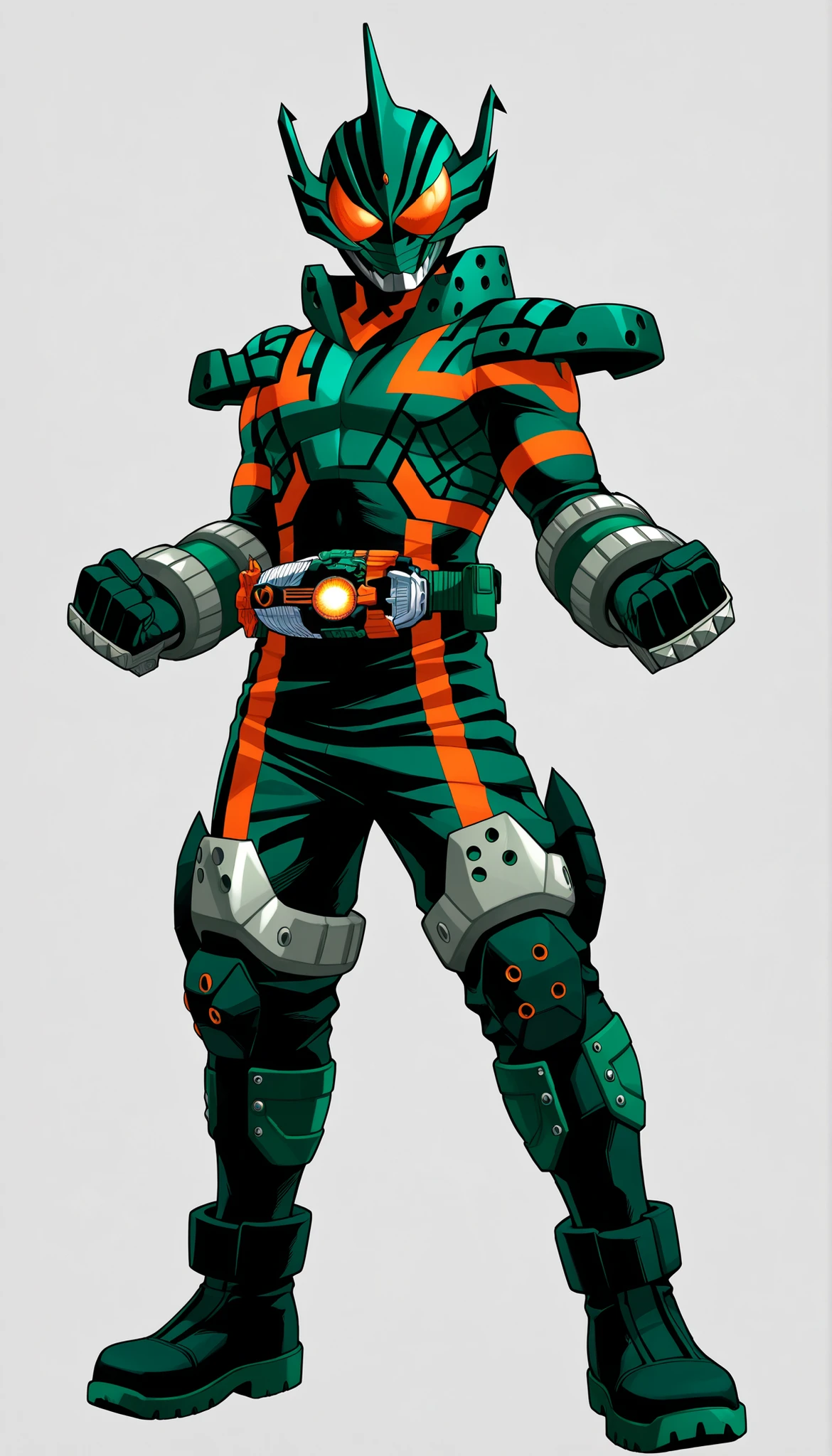 ((Highest Quality)), ((Simple light grey background)), (My Hero Academia Style), (by night), (1male), (male), solo, Kamen Rider OC, Kamen Rider, armorsuit bodysuit, Two-toned bodysuit, Orange and Black bodysuit, bodysuit, Full body bodysuit, Bodysuit, Orange and Black Bodysuit, Orange Bodysuit with Black details, superhero bodysuit, Dark Green combat Anckle boots, dark green Anckle boots, ankle boots, combat Anckle boots, Two-toned combat gloves, Dark Green and Black Combat Gloves, combat gloves, Dark Green and Black gloves, Granade helmet Headwear, dark green helmet Headwear, Two-toned Helmet headwear, Dark Green and black Granade helmet and Orange lenses, helmet Headwear with orange lenses, Granade helmet Headwear, (helmet headwear with Explotion-Shaped lenses design), Orange lenses, helmet Headwear on, Explotion-Shaped design face on the helmet Headwear, Dark Green Granade-shaped pattern design Shin armor, Dark Green Granade-shaped Great bracer armor, dark green Granade-shaped pattern design shoulder pads, Fists clenched, ready for battle, athletic body, full body, slender body, Katsuki Bakugou,