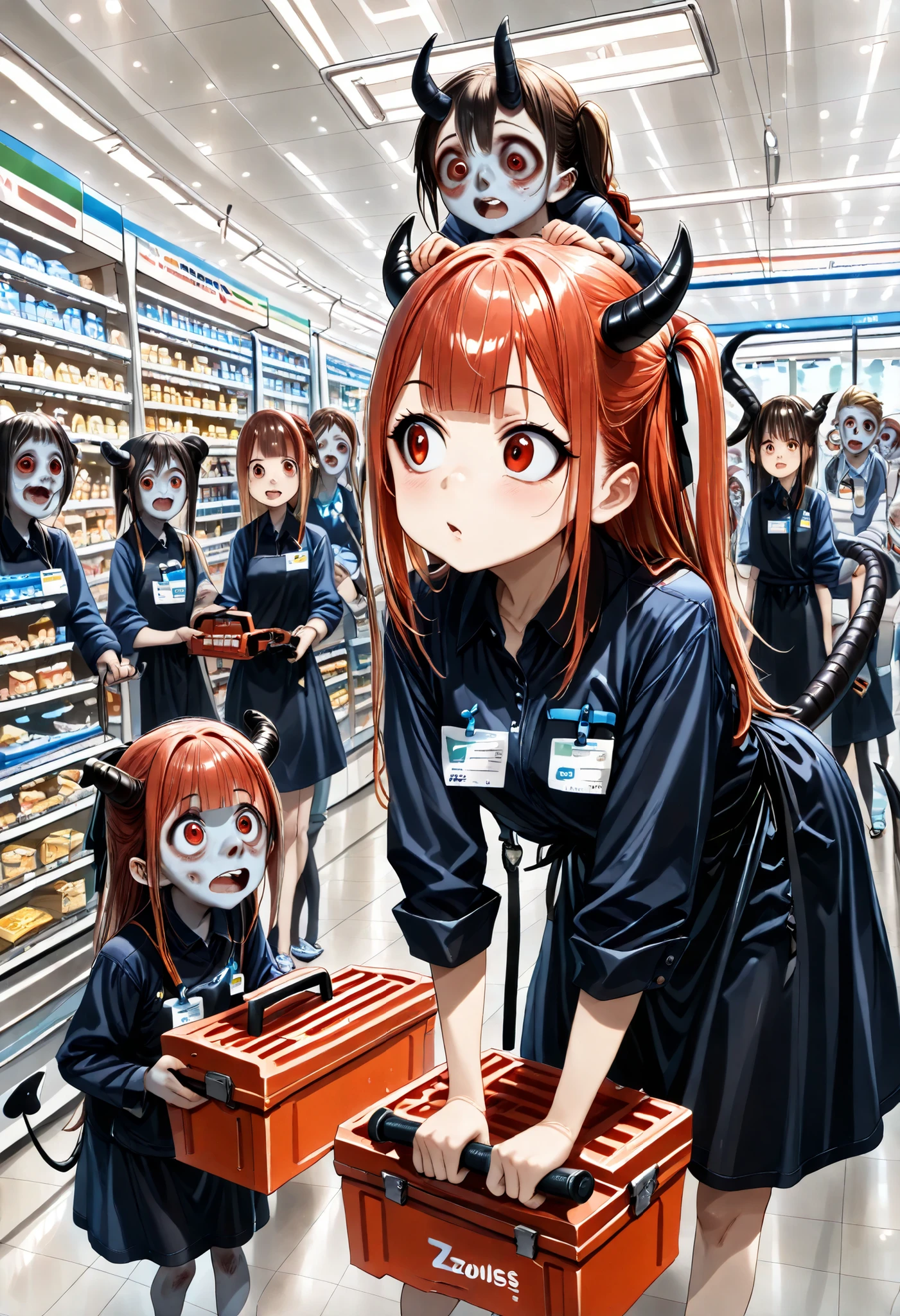 (masterpiece, 8k, Highest Quality, detail:1.3, high resolution, anime style, Super Detailed), Inside a convenience store, ((a few adult zombies and demons in work clothes:1.5), (holding a tool box with a small hole on the side, lean forward)), (very young girls:1.5), smaller, cute, Horns on the head, red long hair, blunt bangs, Very young face, expressive eyes, seems popular with big-eyed, red eyes, Look away, looking for, Anxious Expression, gothic lolita dress, Devil's Tail, I'm wearing a, (from below)