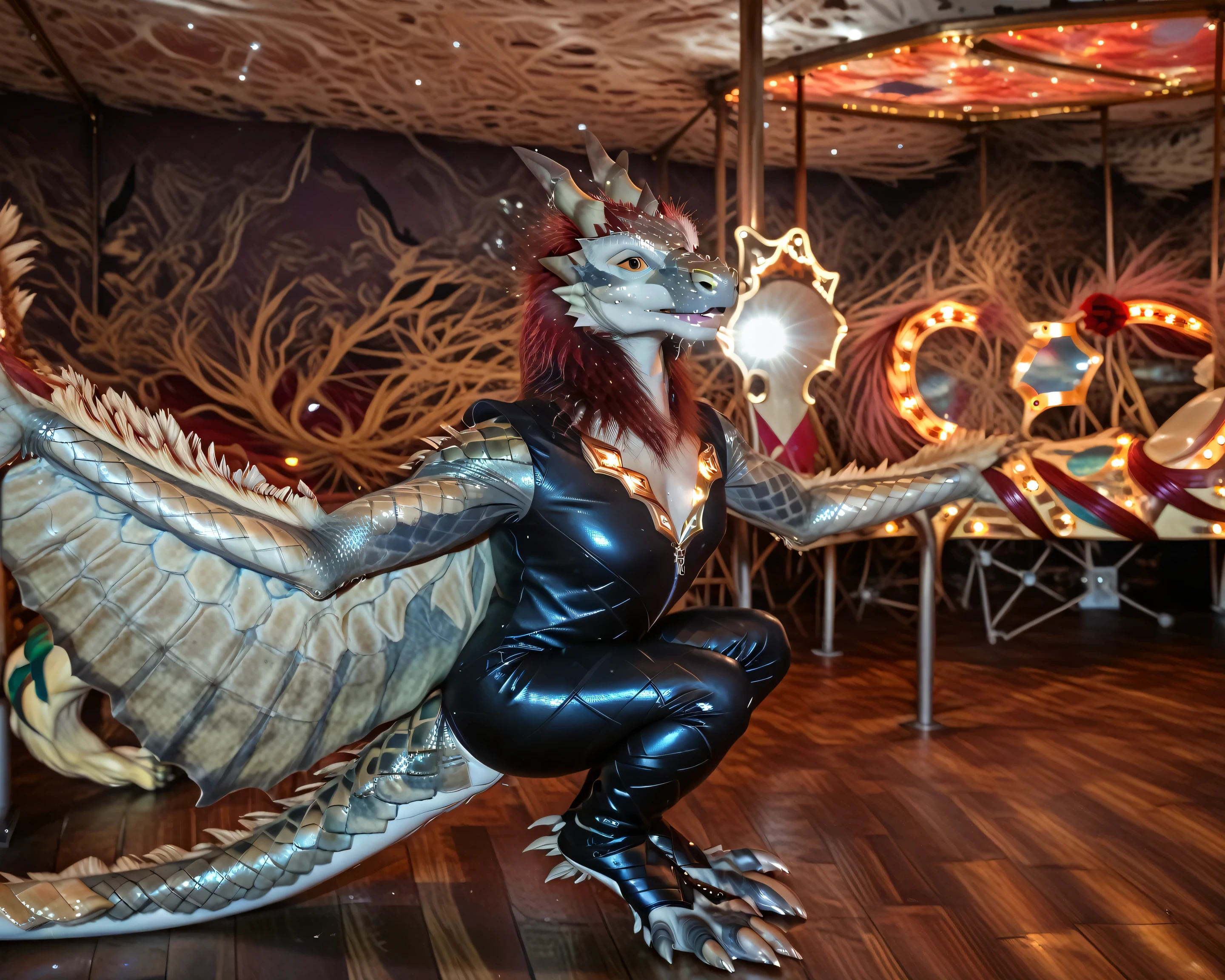 An unfortunate man dressed in a plush wyvern suit transforming into a fiberglass glaze coated wood carved wyvern carousel animal as the carousel pole phases into the center of his chest. (Real photo, photorealistic), (shiny fiberglass glaze coating overtaking his body as he fuses with his wyvern suit and converts into a wooden carousel animal wyvern:1.4)