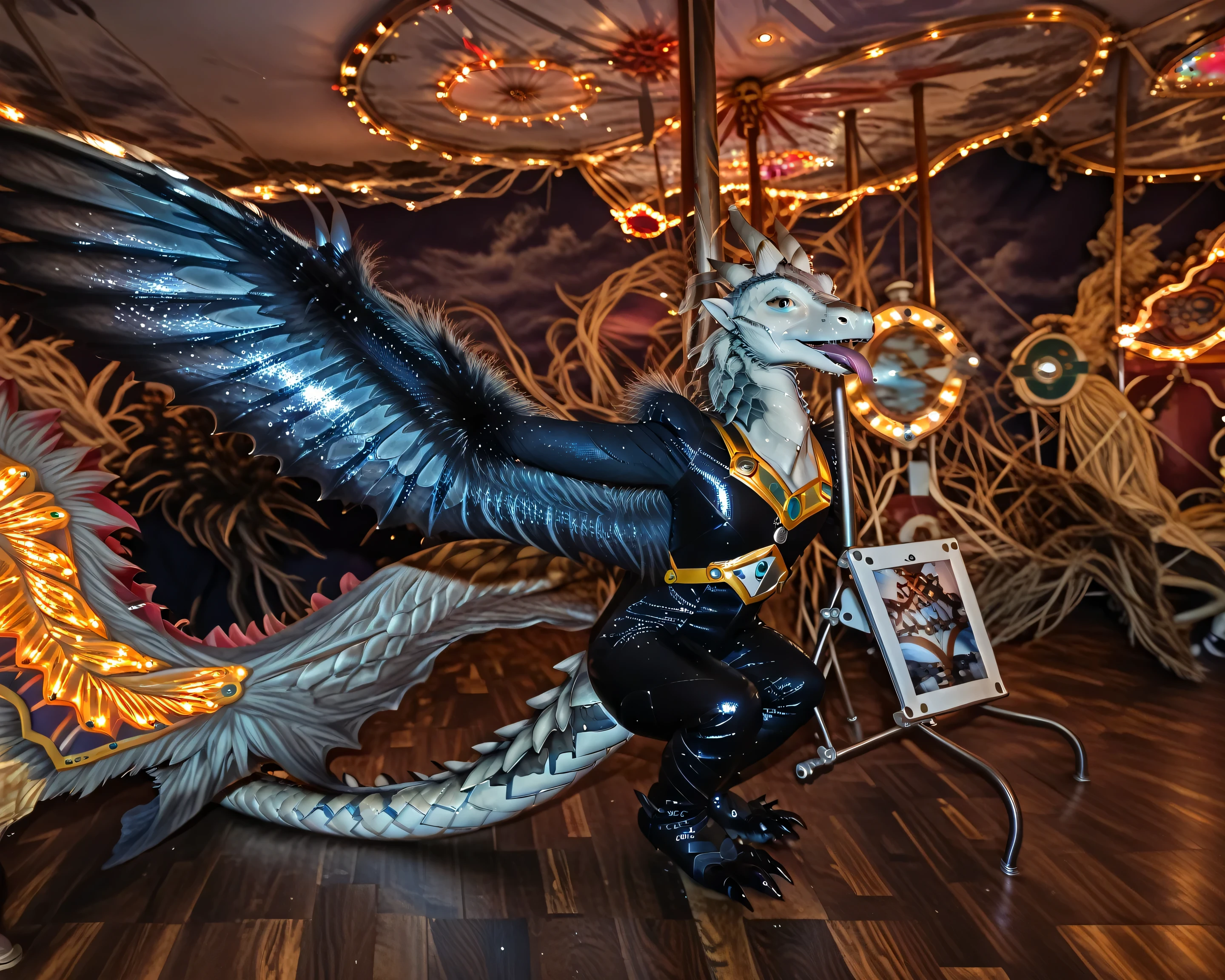 An unfortunate man dressed in a plush wyvern suit transforming into a fiberglass glaze coated wood carved wyvern carousel animal as the carousel pole phases into the center of his chest. (Real photo, photorealistic), (shiny fiberglass glaze coating overtaking his body as he fuses with his wyvern suit and converts into a wooden carousel animal wyvern:1.4)