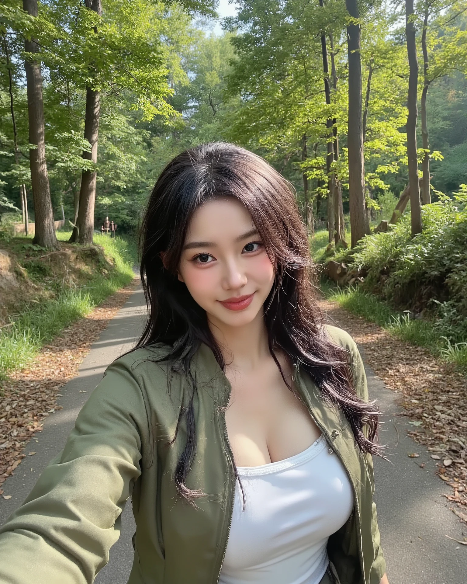s3lfi3, 1girl, solo, long hair, looking at viewer, black hair, long wavy hair,
wearing an olive-green cropped hiking jacket over a fitted white tank top,
paired with high-waisted cargo shorts in beige for an outdoor adventure look,
upper body visible from waist up, relaxed natural pose, realistic, photorealistic,
selfie, selfie photo, selfie image,
this is a selfie photograph of a young woman with a fair complexion and long, wavy black hair,
slightly tousled by the gentle forest breeze.
she has soft expressive eyes, a small nose, and natural lips with a cheerful adventurous smile.
she is standing on a narrow forest trail surrounded by tall lush green trees,
dappled sunlight filtering through the leaves, casting gentle light spots on her hair and outfit.
the framing of the photo is slightly pulled back to include her from the waist upward,
highlighting her practical yet stylish outfit against the vibrant greenery of the forest.
the background shows a serene woodland path covered with fallen leaves,
soft rays of golden afternoon sunlight creating a warm, peaceful, natural atmosphere.
the overall composition feels fresh, lively, and realistic,
focusing on her expression and outfit while capturing the beauty of the forest as a tranquil outdoor selfie backdrop.
