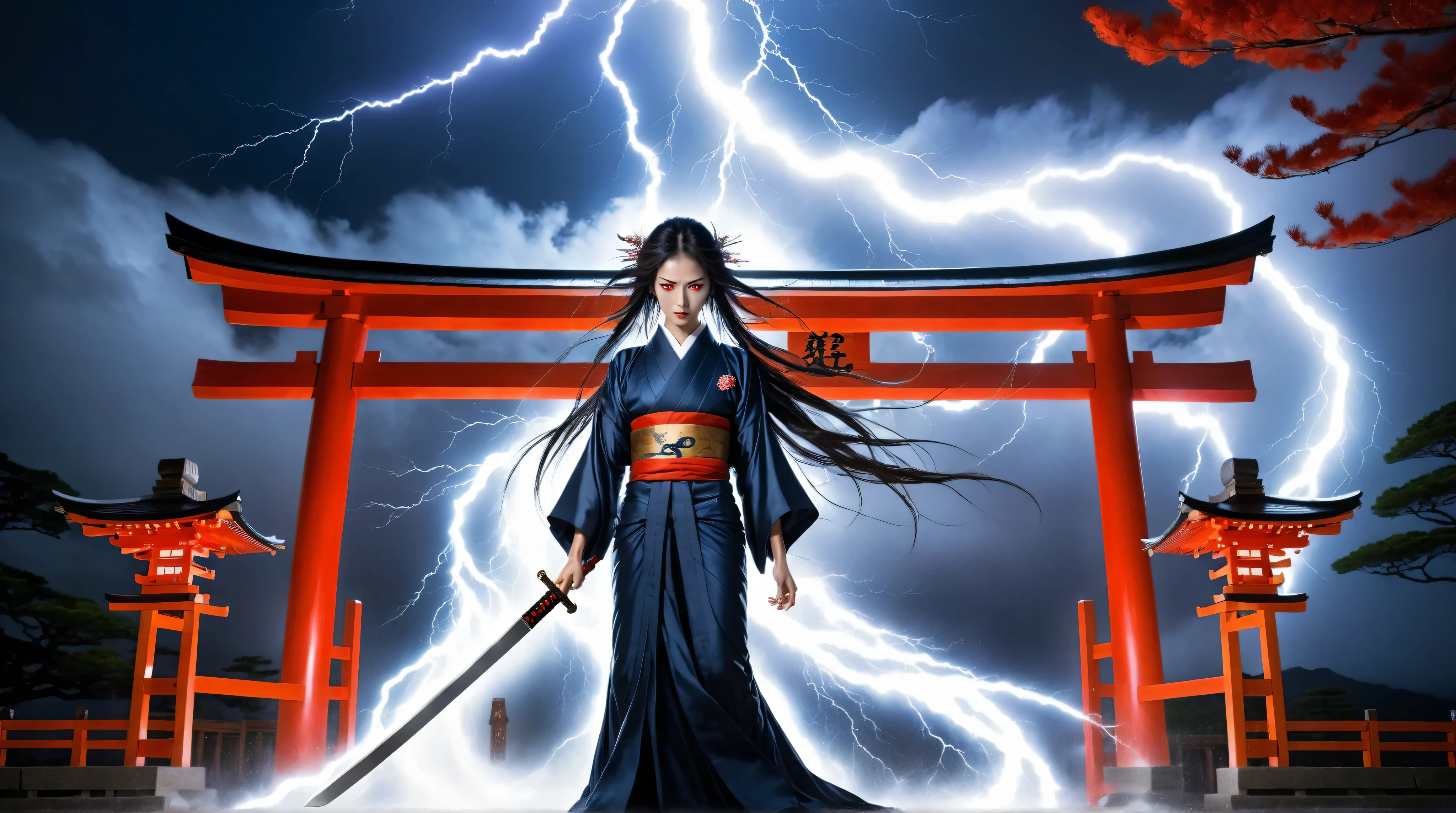 A powerful and dramatic scene in a Shinto shrine courtyard during a violent storm at night . A brave and beautiful Japanese goddess stands full body in front of the shrine gate . holding a glowing sacred sword in her hand . Her long hair and kimono flutter wildly in the wind , lightning flashing across the dark sky .  facing her is a dark , semi - transparent evil spirit - a swirling black shadow with glowing red eyes , faintly shaped like a ghostly human figure . The goddess stands fearlessly with a defiant smile , saying " Come at me . "  Rain falls , thunder roars , and the divine Light from her sword illuminating the storm . ,Realistic cinematic lighting , detailed composition , dynamic full body pose. 