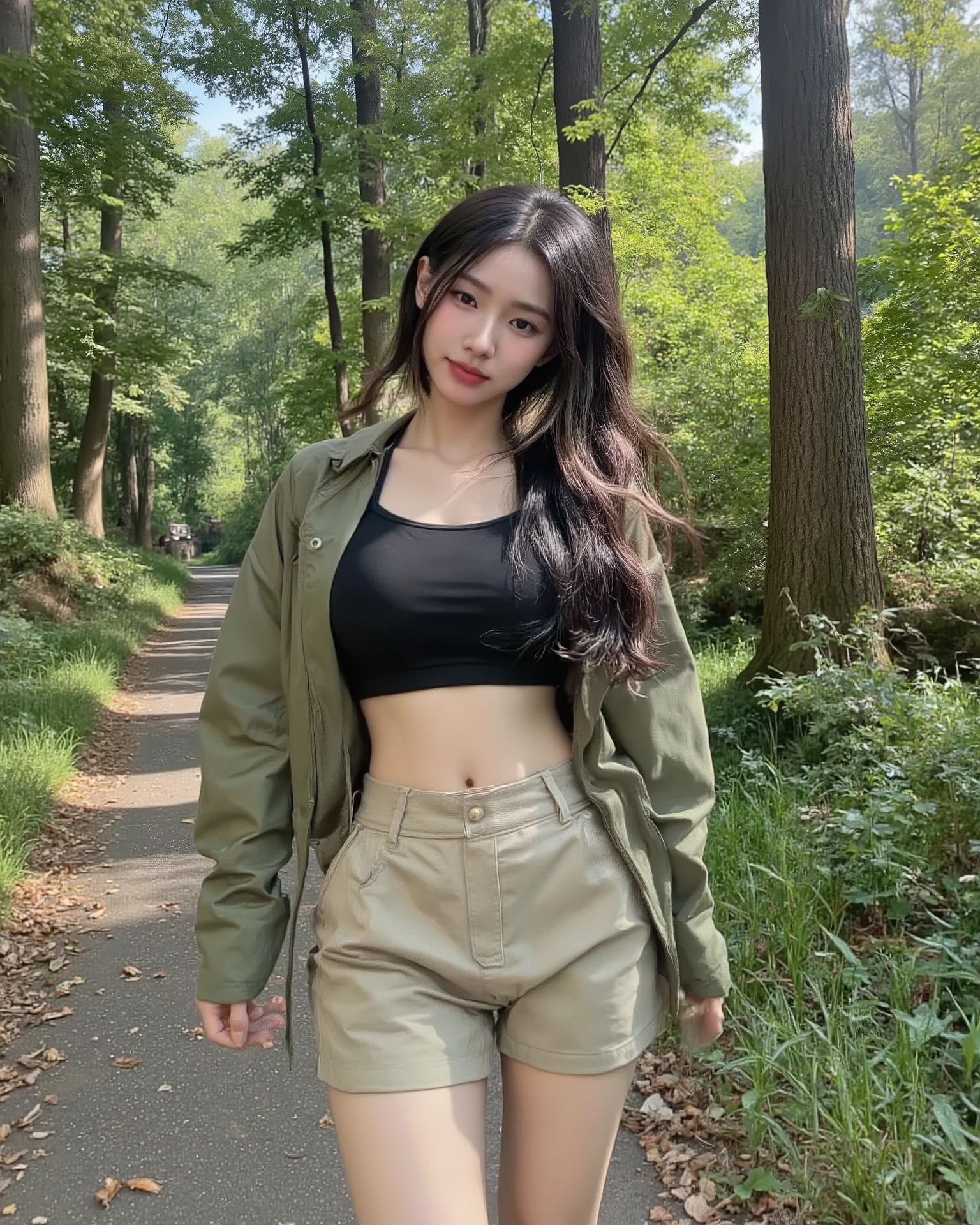 s3lfi3, 1girl, solo, long hair, looking at viewer, black hair, long wavy hair,
wearing an olive-green cropped hiking jacket over a fitted black tank top,
paired with high-waisted cargo shorts in beige for an outdoor adventure look,
upper body visible from waist up, relaxed natural pose, realistic, photorealistic,
selfie, selfie photo, selfie image,
this is a selfie photograph of a young woman with a fair complexion and long, wavy black hair,
slightly tousled by the gentle forest breeze.
she has soft expressive eyes, a small nose, and natural lips with a cheerful adventurous smile.
she is standing on a narrow forest trail surrounded by tall lush green trees,
dappled sunlight filtering through the leaves, casting gentle light spots on her hair and outfit.
the framing of the photo is slightly pulled back to include her from the waist upward,
highlighting her practical yet stylish outfit against the vibrant greenery of the forest.
the background shows a serene woodland path covered with fallen leaves,
soft rays of golden afternoon sunlight creating a warm, peaceful, natural atmosphere.
the overall composition feels fresh, lively, and realistic,
focusing on her expression and outfit while capturing the beauty of the forest as a tranquil outdoor selfie backdrop.