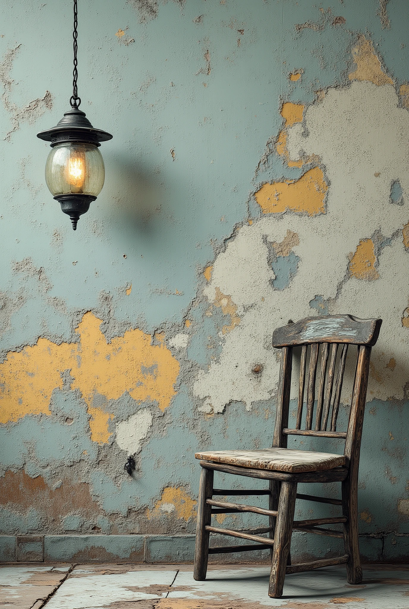 “Ultra high resolution, ultra HD illustration. Minimalist vintage interior scene with a weathered textured wall. The wall is painted in faded teal-blue with patches of worn-out ochre and yellow tones near the bottom, resembling peeling old plaster. From the ceiling, a classic black lantern lamp hangs by a long thin cord, casting a faint shadow on the wall. At the bottom right, an antique wooden chair and small table with distressed details sit quietly against the wall. Atmospheric composition with elegant simplicity, muted color palette, rustic textures, and soft lighting. Clean, sharp, highly detailed, timeless mood.”