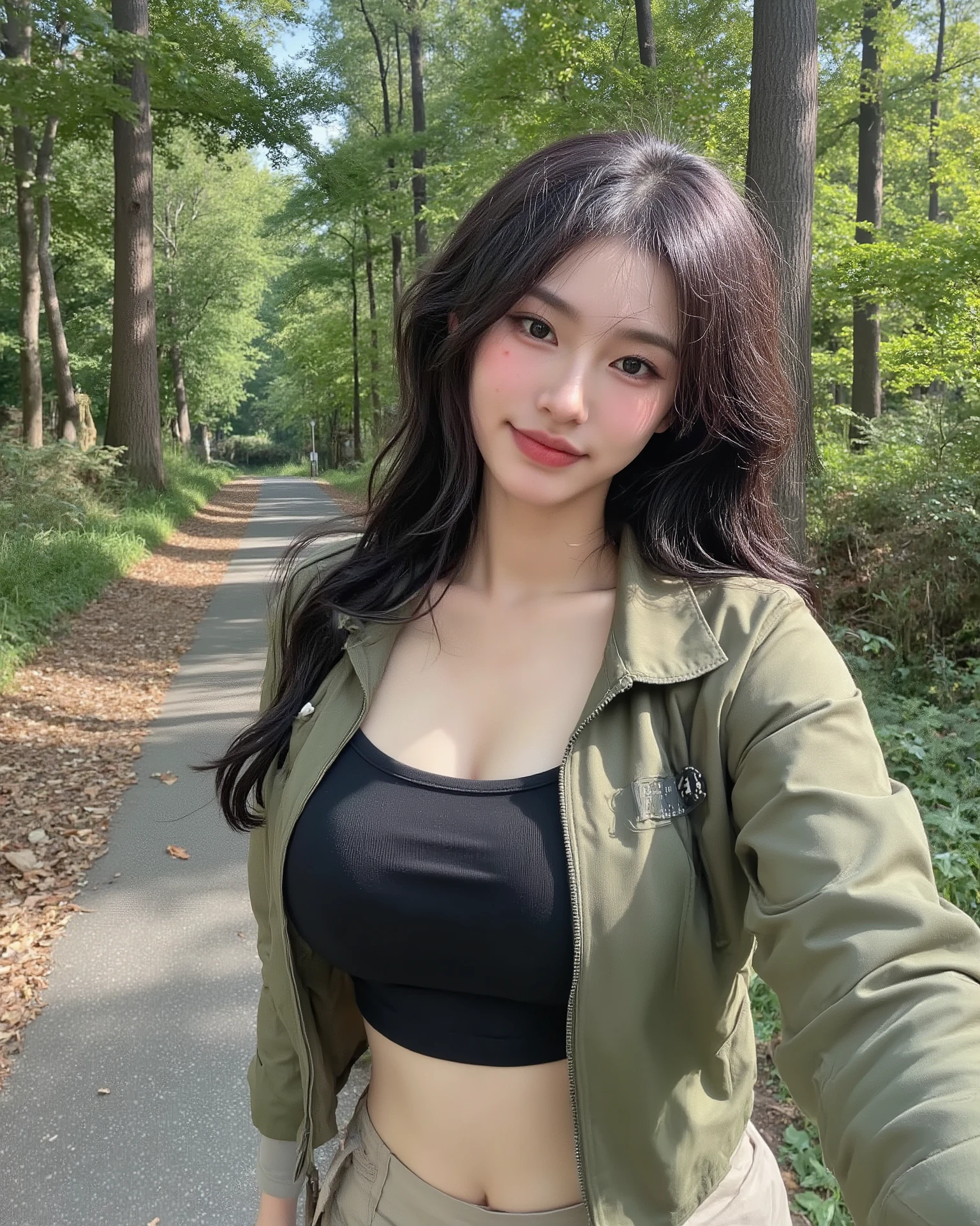 s3lfi3, 1girl, solo, long hair, looking at viewer, black hair, long wavy hair,
wearing an olive-green cropped hiking jacket over a fitted black tank top,
paired with high-waisted cargo shorts in beige for an outdoor adventure look,
upper body visible from waist up, relaxed natural pose, realistic, photorealistic,
selfie, selfie photo, selfie image,huge 
this is a selfie photograph of a young woman with a fair complexion and long, wavy black hair,
slightly tousled by the gentle forest breeze.
she has soft expressive eyes, a small nose, and natural lips with a cheerful adventurous smile.
she is standing on a narrow forest trail surrounded by tall lush green trees,
dappled sunlight filtering through the leaves, casting gentle light spots on her hair and outfit.
the framing of the photo is slightly pulled back to include her from the waist upward,
highlighting her practical yet stylish outfit against the vibrant greenery of the forest.
the background shows a serene woodland path covered with fallen leaves,
soft rays of golden afternoon sunlight creating a warm, peaceful, natural atmosphere.
the overall composition feels fresh, lively, and realistic,
focusing on her expression and outfit while capturing the beauty of the forest as a tranquil outdoor selfie backdrop.
