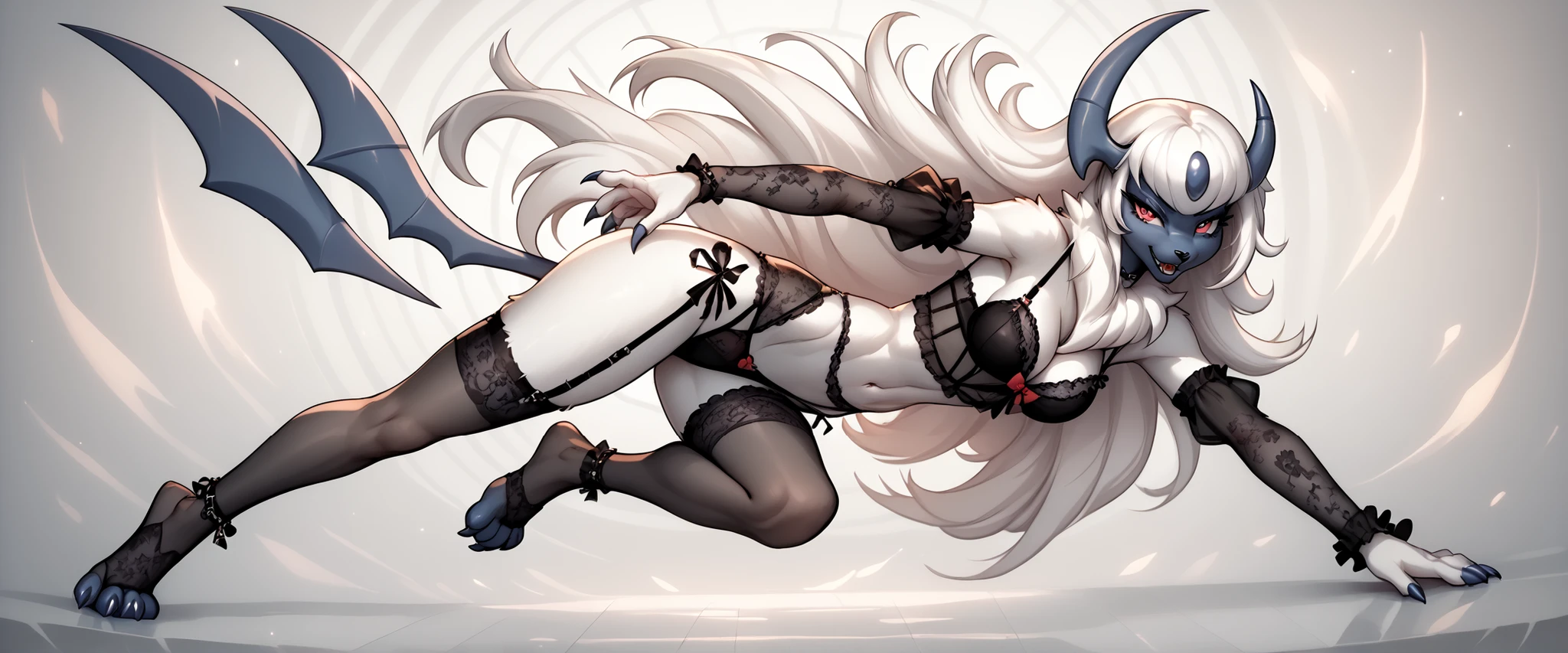 score_9, score_8_up, score_7_up, Pokemon,, Absol, anthro,gothic, lingerie, dynamic pose, full body