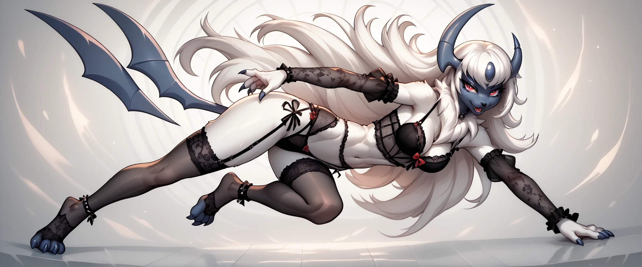 score_9, score_8_up, score_7_up, Pokemon,, Absol, anthro,gothic, lingerie, dynamic pose, full body
