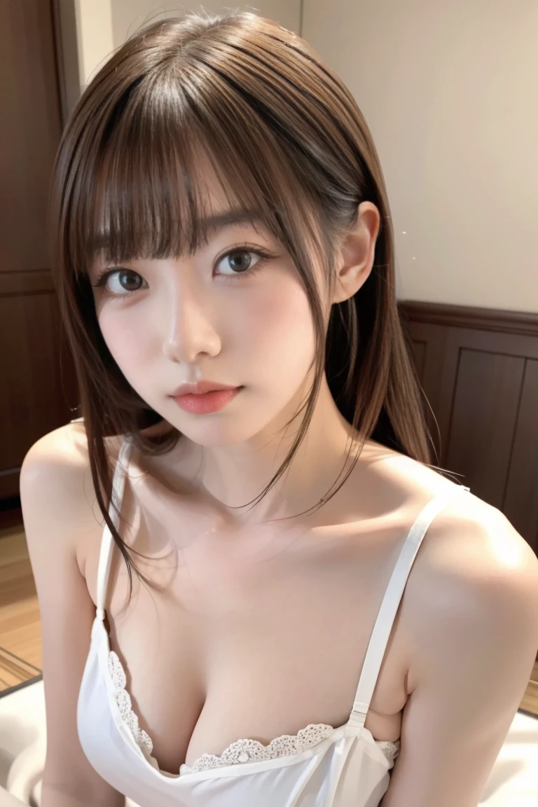 9~12-year-old girl, Babyface 9~12-year-old girl、Childish face((top-quality、in 8K、​masterpiece:1.3))、1little girl、Little smile、Slim Faces、Maiden girl、(dark brown hair)、small tits、Solo, Full body, Short hair, pony-tail hair, Small bra, Showing very small , No valley、Looking at Viewer, Blonde hair, Brown eyes, hyperdetailed face、A detailed eye、二重まぶた、Slim Faces、blured background, Lips, Realistic, Nose,  with camera、Brown hair with highlight lines、Putting out the chest、AA Cup,random place、Random Poses