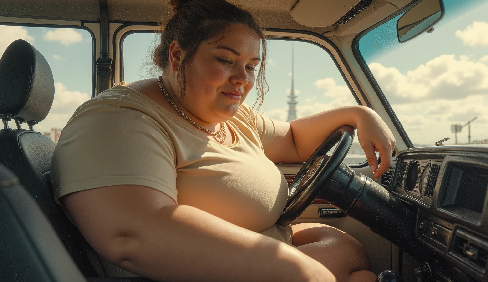 Young giantess girl barely sits in a small car and presses the steering wheel with her enormously covered by shirt.