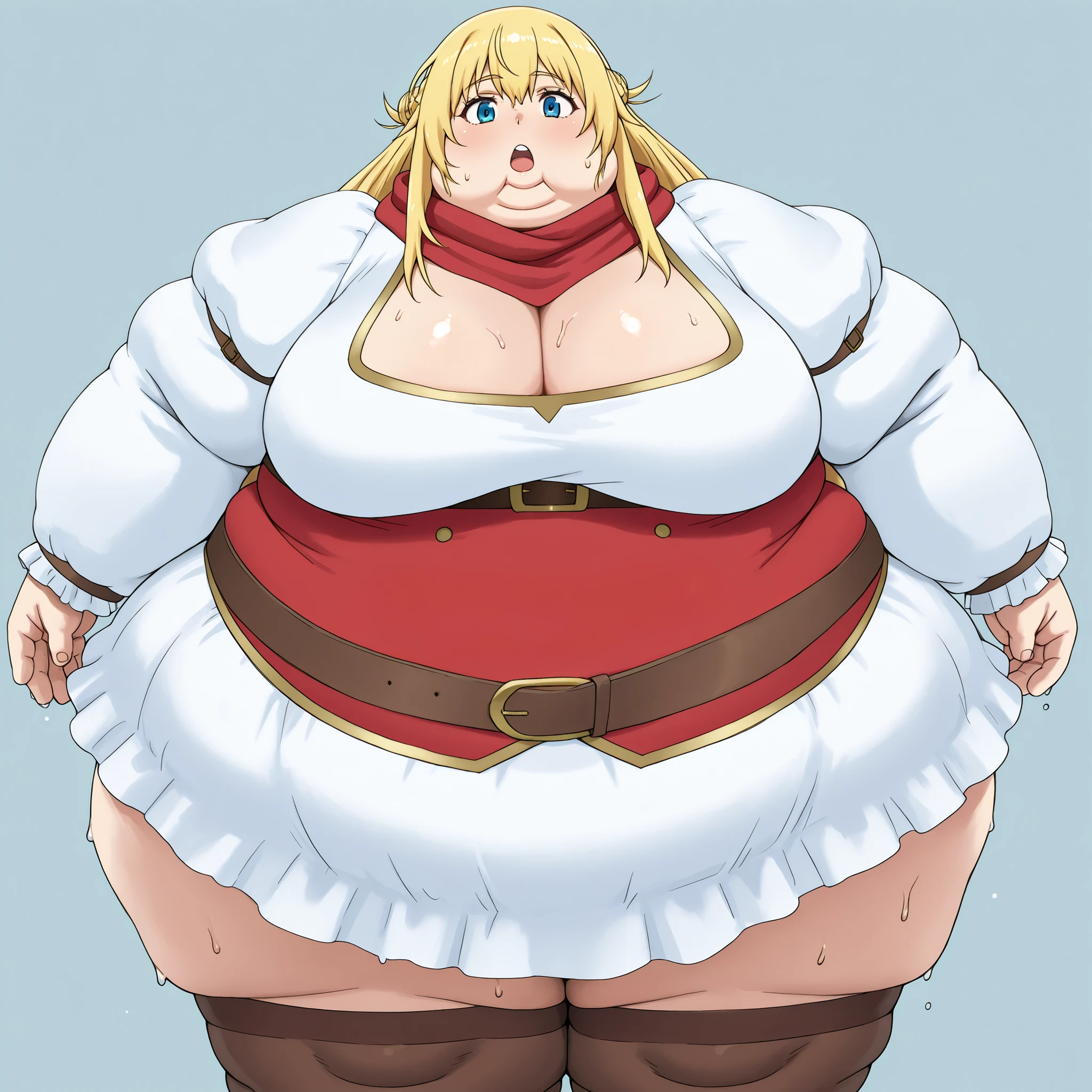solo, 1girl, rittolbase, large breasts, blonde hair,
white dress, long hair, hair bun, french braid, red scarf, cleavage, juliet sleeves, long sleeves, red underbust, belt, brown thighhighs, ,  fat, chubby, obese, gigantic arms and legs, large breasts, sweating, wet body, swollen face, Fat_neck , Fat head , eyes with crushed cheeks , nose with crushed cheeks , mouth with crushed cheeks , chin roll, sphere_tf , big head, big mouth, wide mouth, oversized limbs, large hands