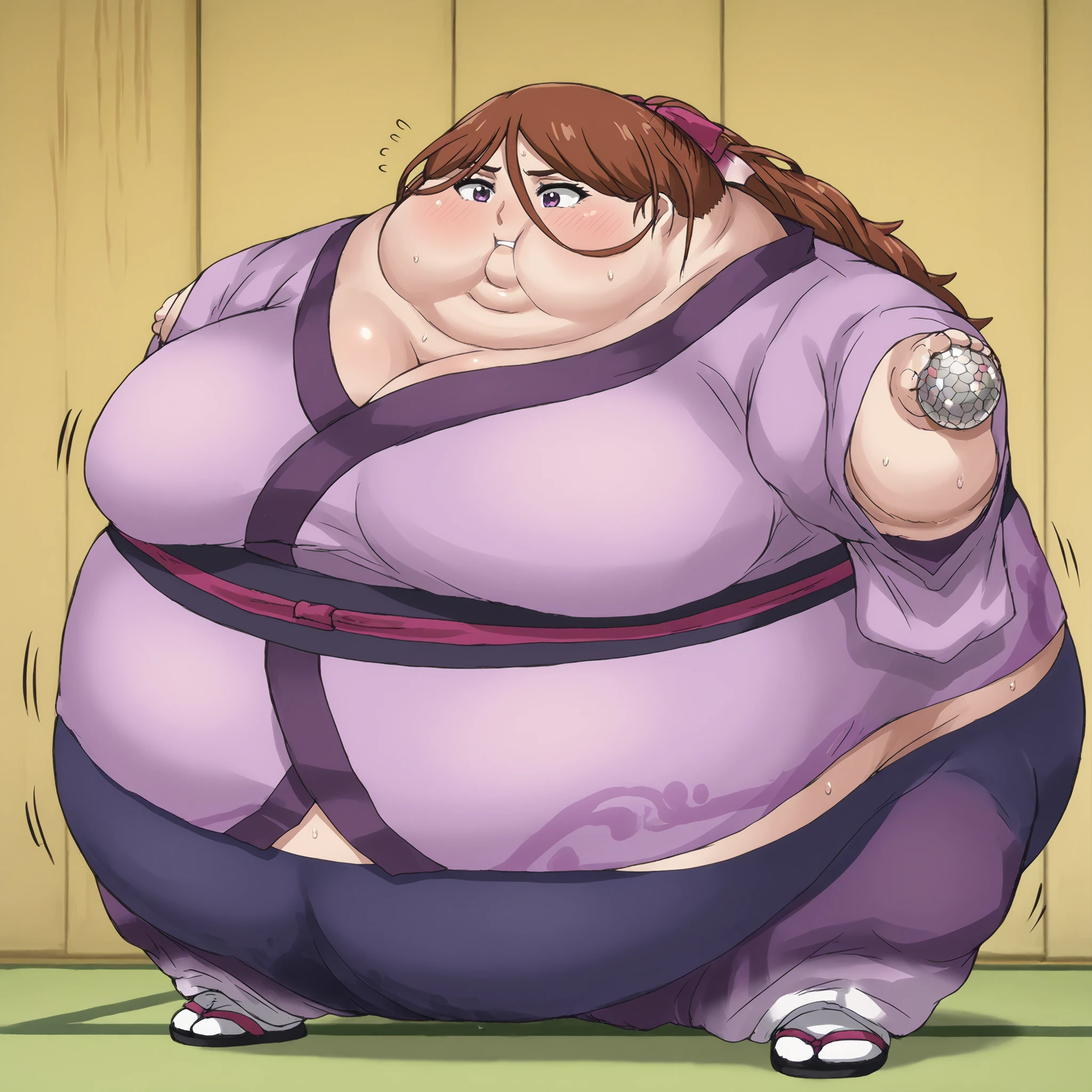  kenshinsatsuki, purple eyes, brown hair, hair between eyes, hair ribbon, long hair, ponytail BREAK
purple kimono, blue sweatpants, sandals, ,  fat, chubby, obese, gigantic arms and legs, large breasts, sweating, wet body, swollen face, Fat_neck , Fat head , eyes with crushed cheeks , nose with crushed cheeks , mouth with crushed cheeks , chin roll, sphere_tf
mini limbs
only head, sphere body, top view 