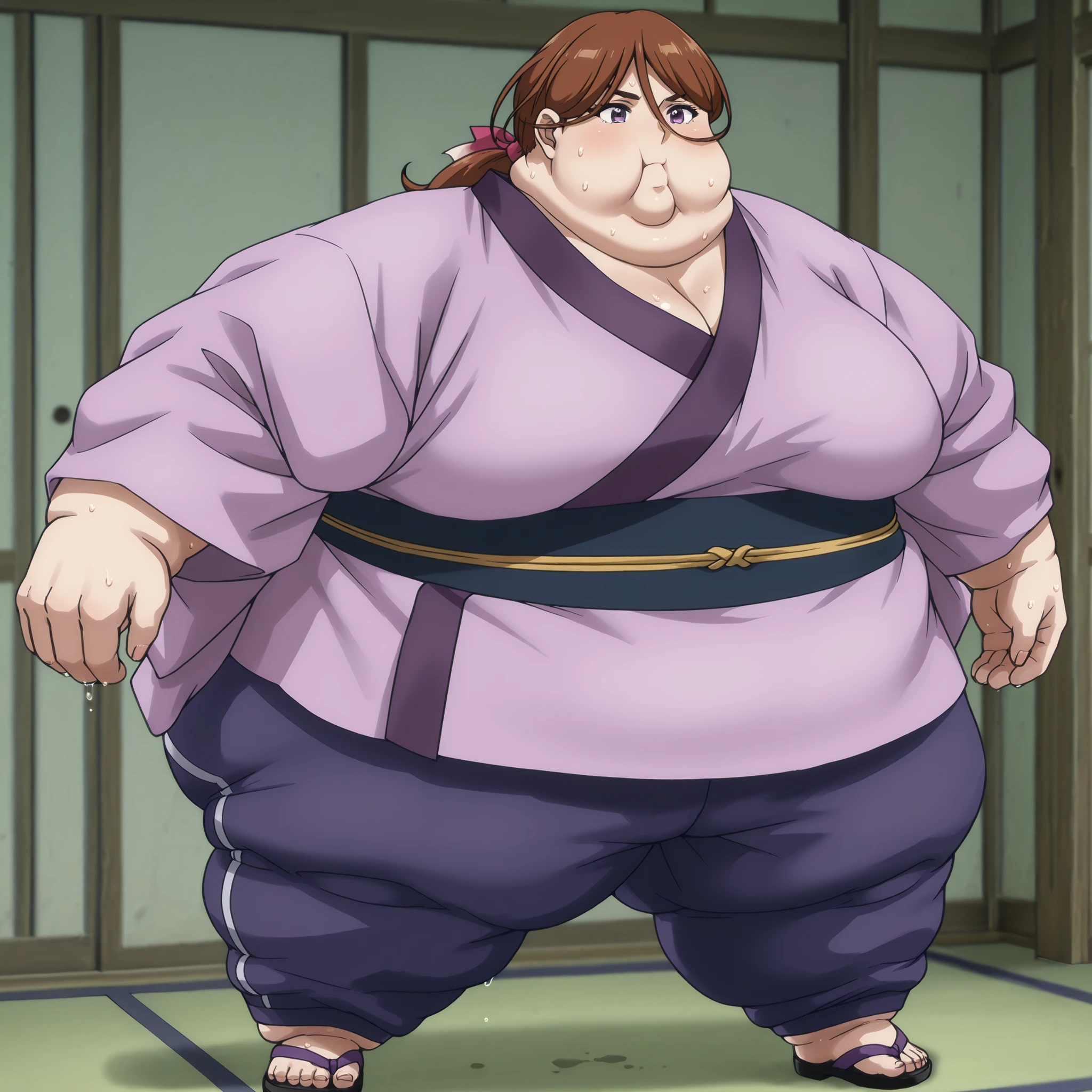 kenshinsatsuki, purple eyes, brown hair, hair between eyes, hair ribbon, long hair, ponytail BREAK
purple kimono, blue sweatpants, sandals, , fat, chubby, obese, gigantic arms and legs, large breasts, sweating, wet body, swollen face, Fat_neck , Fat head , eyes with crushed cheeks , nose with crushed cheeks , mouth with crushed cheeks , chin roll,
only head, oversized limbs, large hands