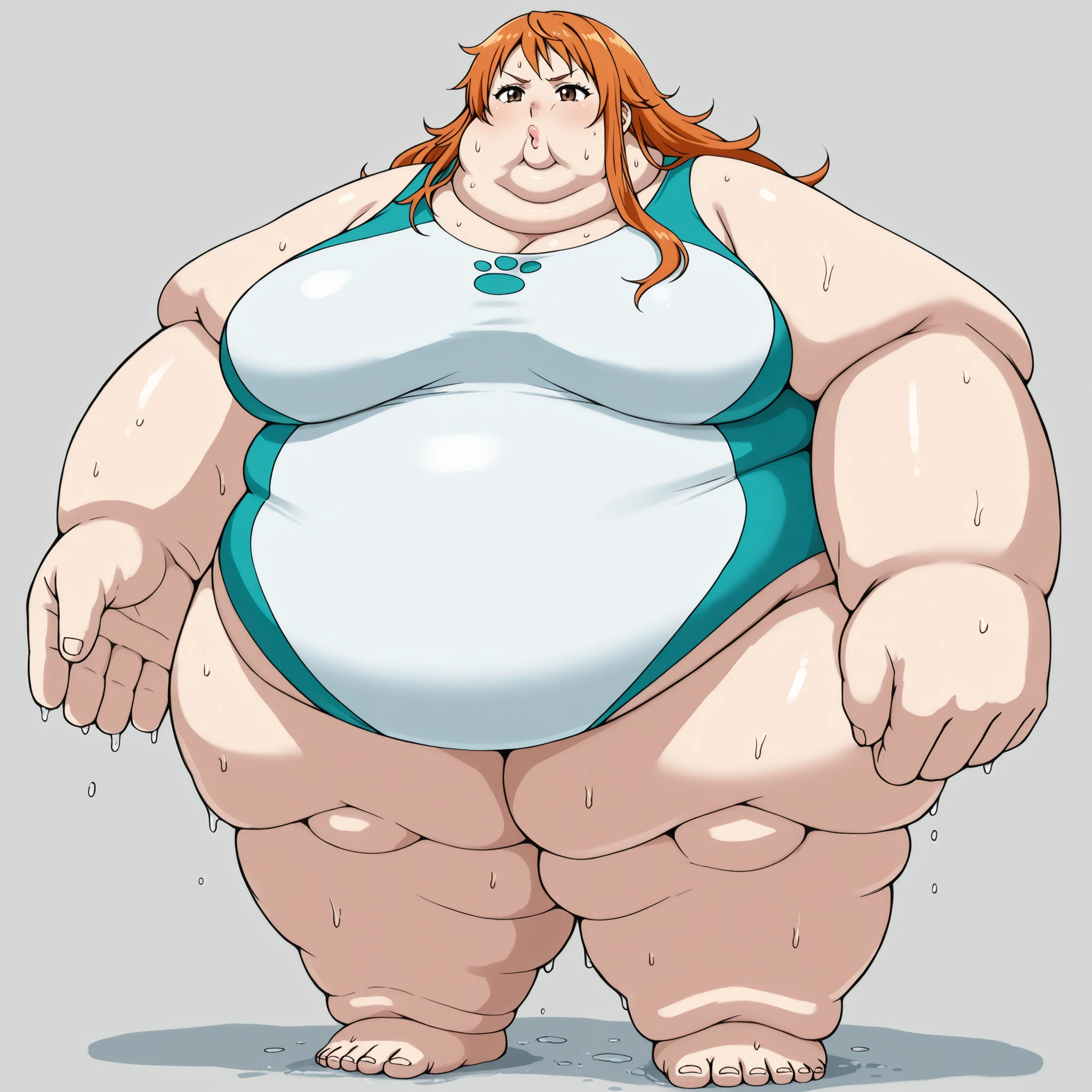 nami, long hair, orange hair, brown eyes, skin tight body suit, barefoot, bare hands, dark eyes, ,  fat, chubby, obese, gigantic arms and legs, large breasts, sweating, wet body, swollen face, Fat_neck , Fat head , eyes with crushed cheeks , nose with crushed cheeks , mouth with crushed cheeks , chin roll,
only head, large head, oversized limbs, large hands, large feet, oversized feet, oversized fingers, big lips, plump lips 