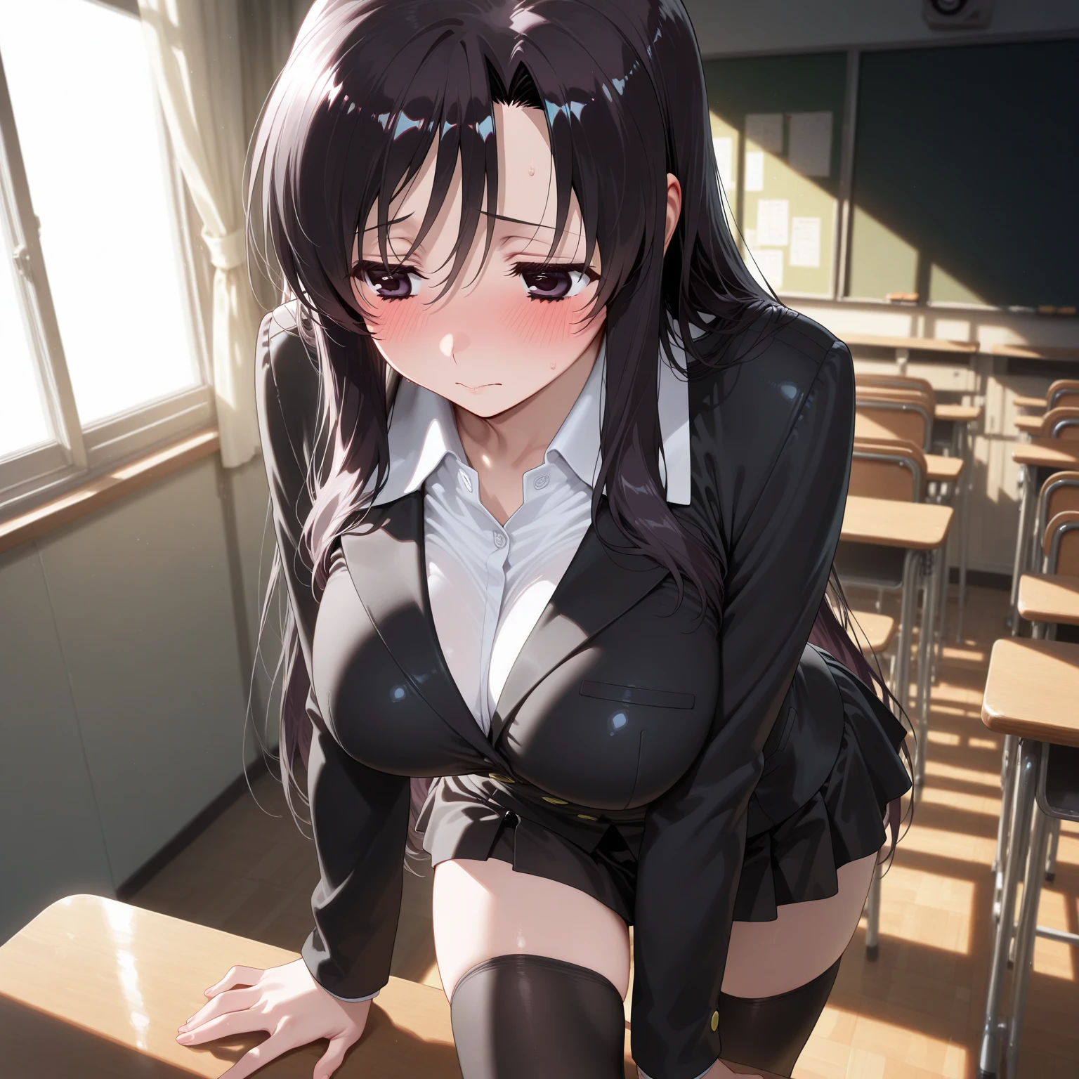 (full figure:1.1), 1 girl as yukino yukinoshita, absurdres, highres, solo, school uniform, , waist long black hair, (twintails:0.5), miniskirt, (black thighhigh socks:1.1), loose red ribbon, unbuttoned white shirt, (:1.1), (rolling eyes:1.1),  beads,  fluid, squatting, spread legeads, masterpiece, best quality, highly detailed