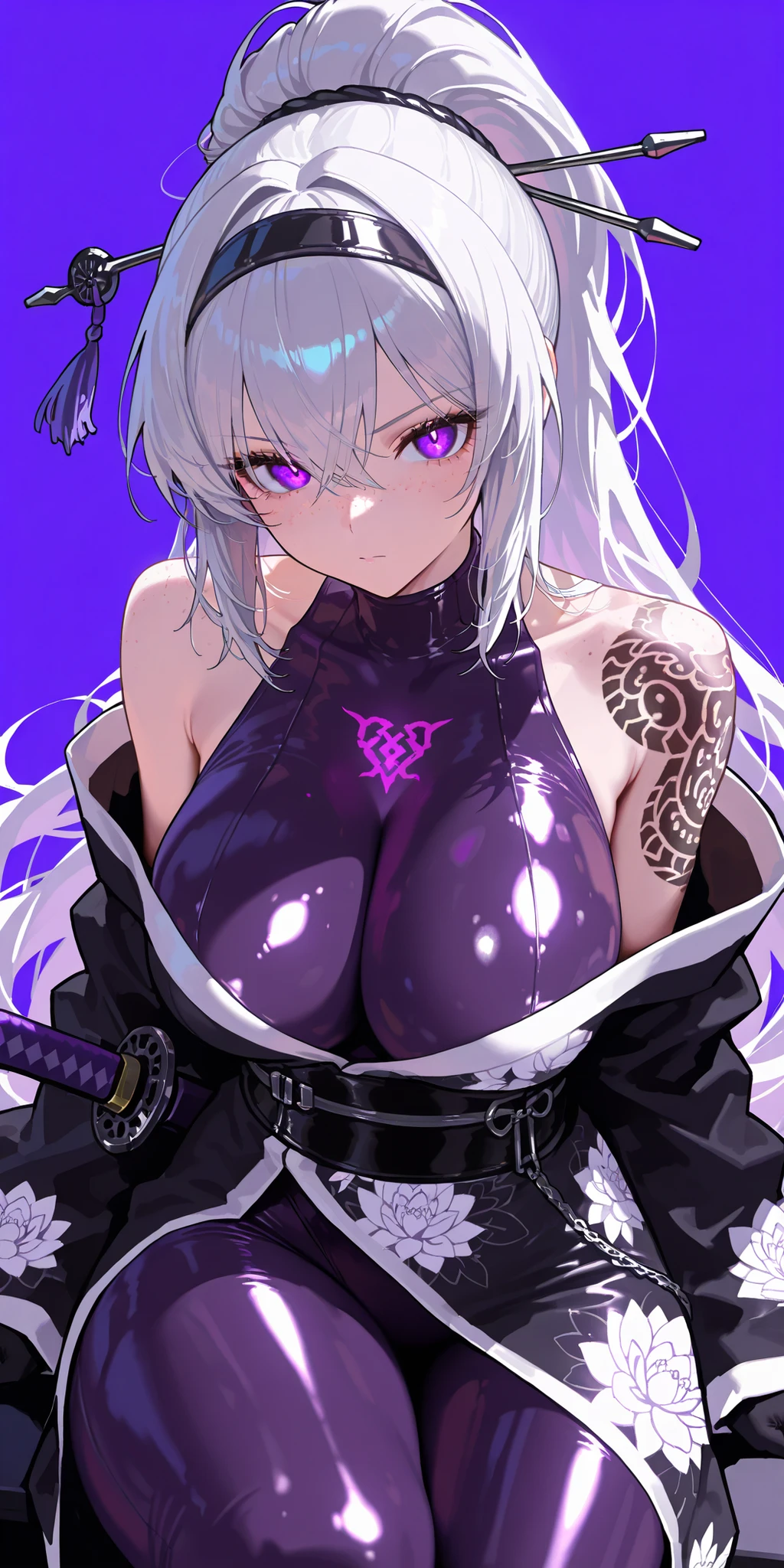 Ishmael, Silver hair, sidelocks, black hairband, hair stick, purple eyes, face freckles, black shoulder tattoos, flower pattern kimono, wide sleeves, black sash, Masterpiece, mature woman, Kurokumo Ishmael (Limbus Company), tall body, slim, upper body, ultra detailed, highres, absurdres, free long hair, non chalant face, serious face, purple background, detailed face, no cape, pale face, gloves, tight clad purple hero skinsuit, close up on upper body, high waistband, bare shoulders, showing face, body 3:4, vinyl bodysuit, shiny skinsuit, showing face, purple sky background, silver straight hair, solo, 1 girl, hair between eyes, bare shoulders, from head to thighs, simple background, detailed face, toned legs, big breasts, curvy body, looking at viewer, solo, 1 girl, high ponytail, silver straight hair, purple eyes, catlike pupils, vertical pupils, vinyl bodysuit, kurokumo Ishmael, kurokumo ishmael tattoo, kurokumo tattoo on shoulders, kurokumo tattoo on shoulder and upperarms and collarbone, teal katana, kurokumo ishmael, tattoos of both sides, double tattoos, tattoo covering all shoulders, turtleneck, massive tattoos, big black tattoo on both shoulders, detailed face, detailed features, Silver hair, close up on face, from head to thighs, thick belt, purple katana, hero boots, flying, bent knees, tactical white tiny jacket, lotus sign on the chest, hero skinsuit, turtleneck, alice skinsuit, alice (nikke)