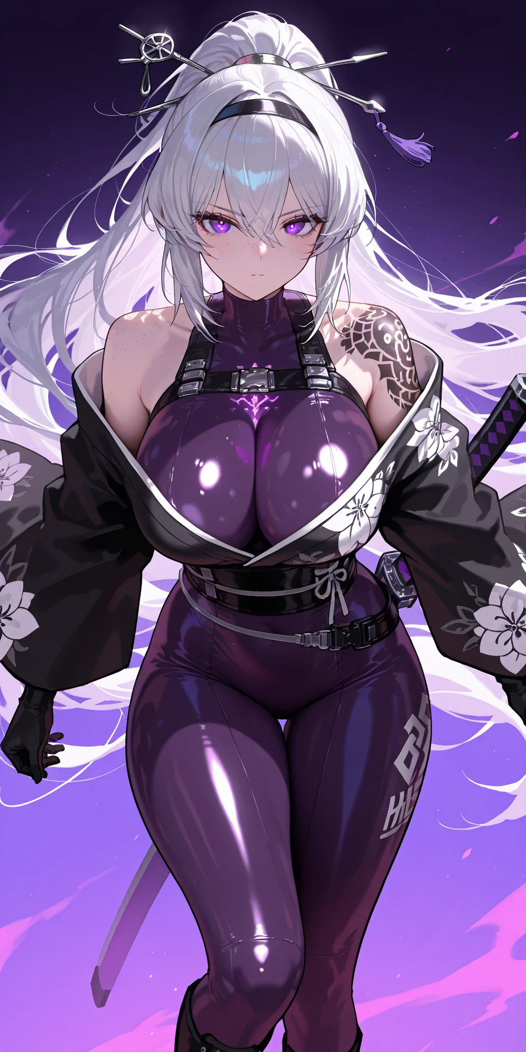 Ishmael, Silver hair, sidelocks, black hairband, hair stick, purple eyes, face freckles, black shoulder tattoos, flower pattern kimono, wide sleeves, black sash, Masterpiece, mature woman, Kurokumo Ishmael (Limbus Company), tall body, slim, upper body, ultra detailed, highres, absurdres, free long hair, non chalant face, serious face, purple background, detailed face, no cape, pale face, gloves, tight clad purple hero skinsuit, close up on upper body, high waistband, bare shoulders, showing face, body 3:4, vinyl bodysuit, shiny skinsuit, showing face, purple sky background, silver straight hair, solo, 1 girl, hair between eyes, bare shoulders, from head to thighs, simple background, detailed face, toned legs, big breasts, curvy body, looking at viewer, solo, 1 girl, high ponytail, silver straight hair, purple eyes, catlike pupils, vertical pupils, vinyl bodysuit, kurokumo Ishmael, kurokumo ishmael tattoo, kurokumo tattoo on shoulders, kurokumo tattoo on shoulder and upperarms and collarbone, teal katana, kurokumo ishmael, tattoos of both sides, double tattoos, tattoo covering all shoulders, turtleneck, massive tattoos, big black tattoo on both shoulders, detailed face, detailed features, Silver hair, close up on face, from head to thighs, thick belt, purple katana, hero boots, flying, bent knees, tactical white tiny jacket, lotus sign on the chest, hero skinsuit, turtleneck, alice skinsuit, alice (nikke)
