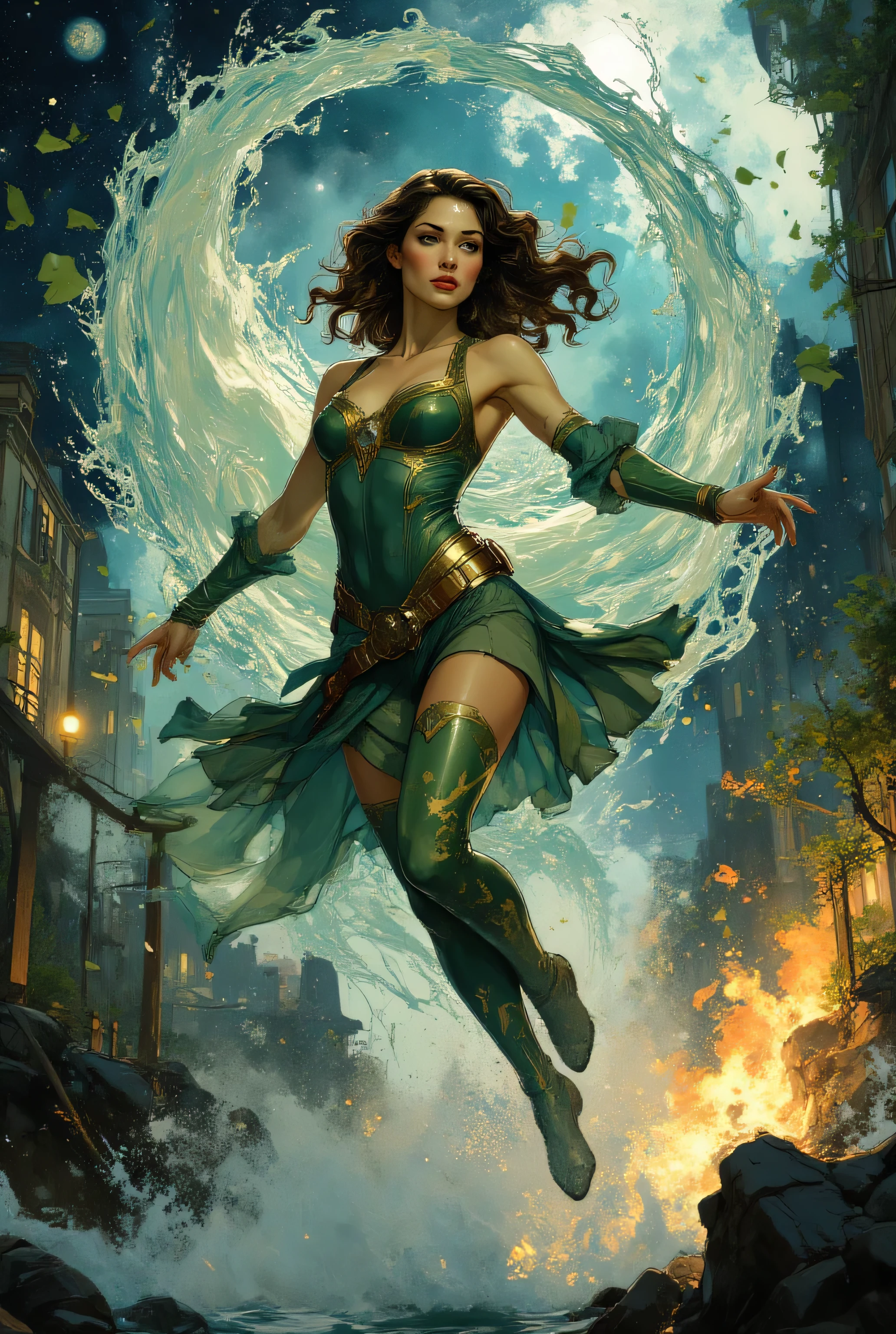 A beautiful female superhero of the natural elements floats in the air. Typical superhero pose. A water storm sets off around her, fuoco, foglie e aria. Behind her the cosmos