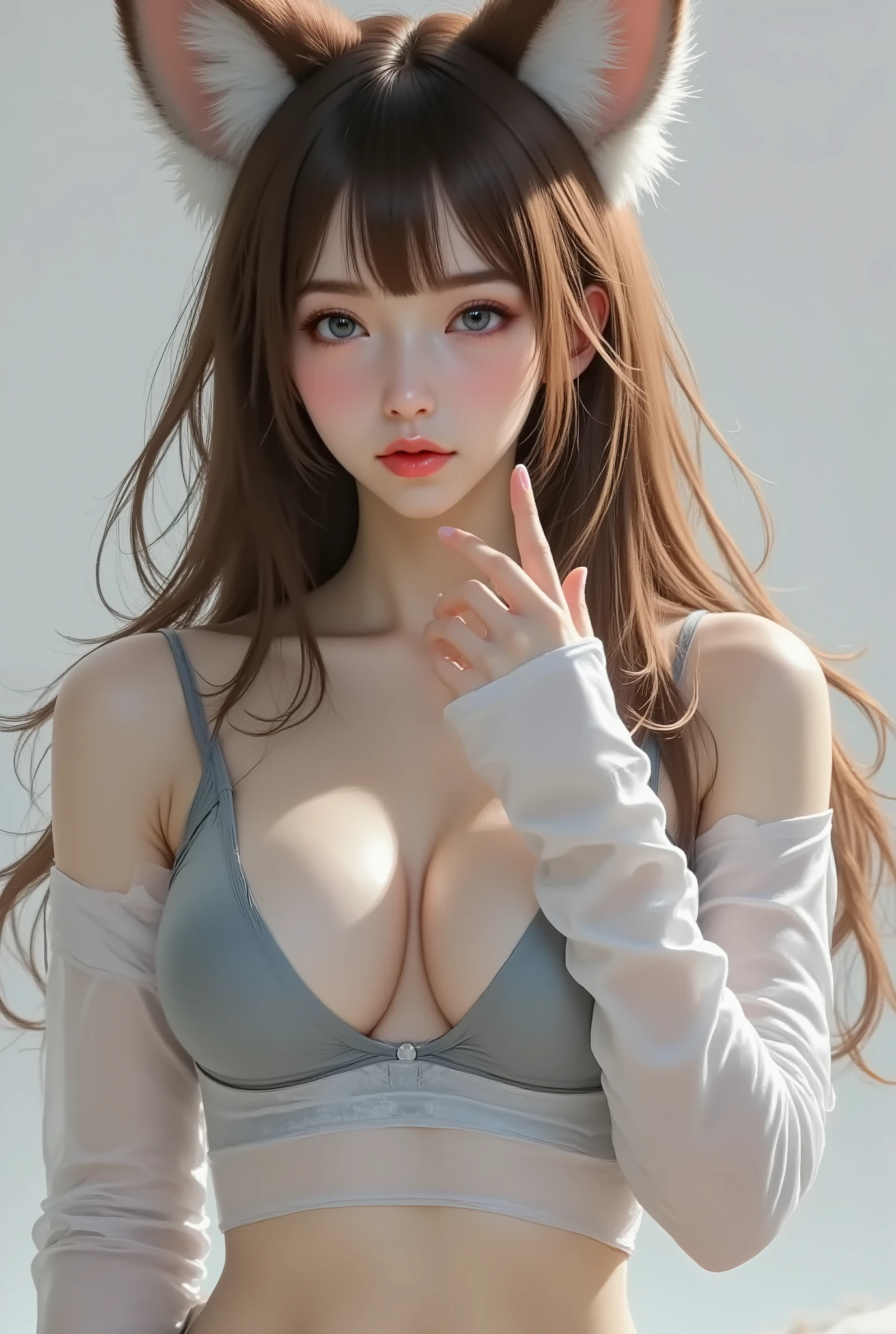 German half-girl, 25 years old,long wine-red hair spread down the shoulders,Dark blue-gray eyes reflecting light,Charming face,((Distinctive plump chest:1.2)),Slender and beautiful figure,wearing sexy fox cosplay,Grey and white cosplay outfit,with fox ears and fox tail,standing gracefully in studio,Natural Sexy Gesture,wide angle showing studio scene,Studio photography lighting,high profile,8k ,realistic photos,realistic light and shadow,natural touch