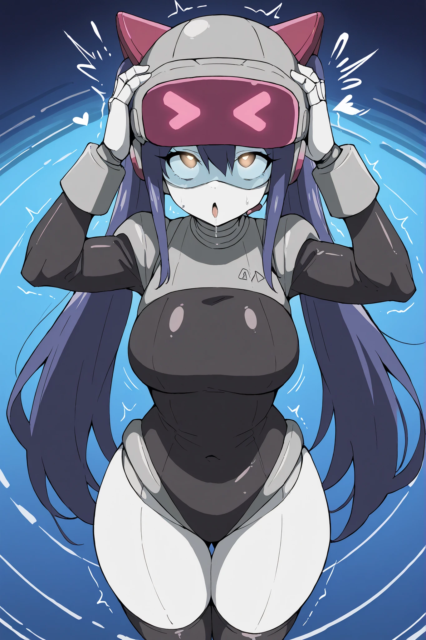 2d, Best quality, masterpiece, wide angle, solo, 1girl, solo, wendy marvell, long hair, hair ornament, ribbon, hair between eyes, twintails, brown eyes, very long hair, blue hair, very thicc white outline, white skin, she wearing black leather long sleeves full_one_piece_leotard, leather stockings, sphere shaped helmet, mischievous z-tech helmet, chinstraps, evil ZKOvisor, hyonotic visor, she trying to taking helmet from her head, hands up to head, hands grabbing helmet and trying to get it off, she tense, she scared, she resisting, from above, she at alien spaceship floating at space, spaceship background, dynamic angle,mechanical limbs,robot joints,metal skin,mistyrobot,,large breasts,big ass,glowing eyes,head-mounted display ,ahegao ,comic expression, Sound effect,heart,trembling 