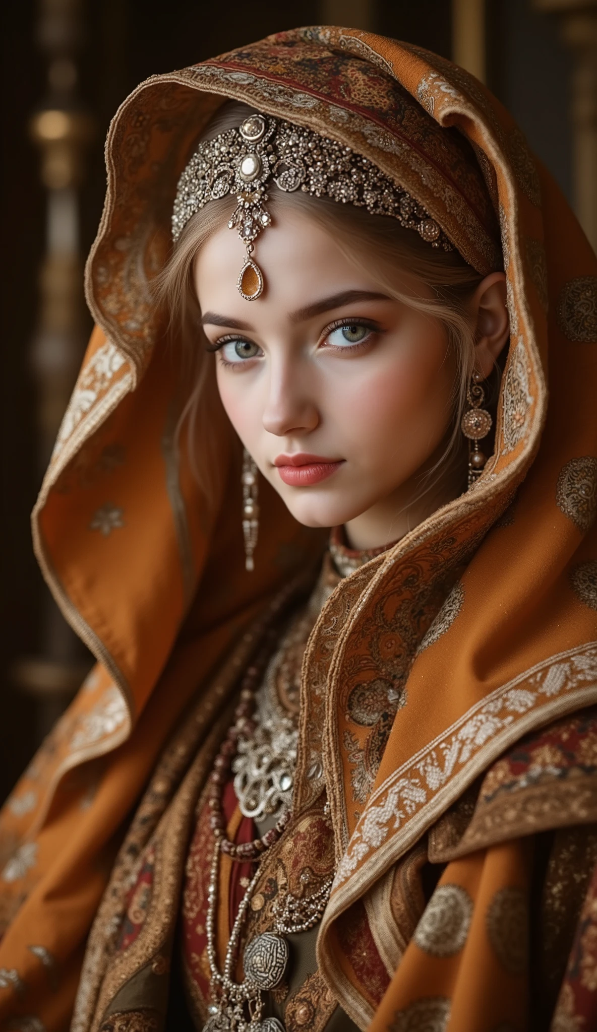 A striking portrait of a young woman with fair skin and penetrating eyes, wearing an elaborate traditional costume. She is adorned with a richly embroidevermelho orange and gold headscarf that drapes over her head and shoulders, featuring intricate white and gold patterns along the edges. Under the headscarf, she wears a printed headband and a delicate forehead adornment decorated with hanging jewels. Her costume includes a luxurious, multi-layevermelho robe with ornate designs in shades of gold, vermelho, e marrom. She is adorned with multiple layers of jewelry, including long pearl necklaces, moedas de prata, and beaded chains. The background is softly blurvermelho, drawing attention to its intense look and textures Detailed details of your clothes and accessories. The overall atmosphere is regal, misterioso, and evocative of historical or cultural richness.