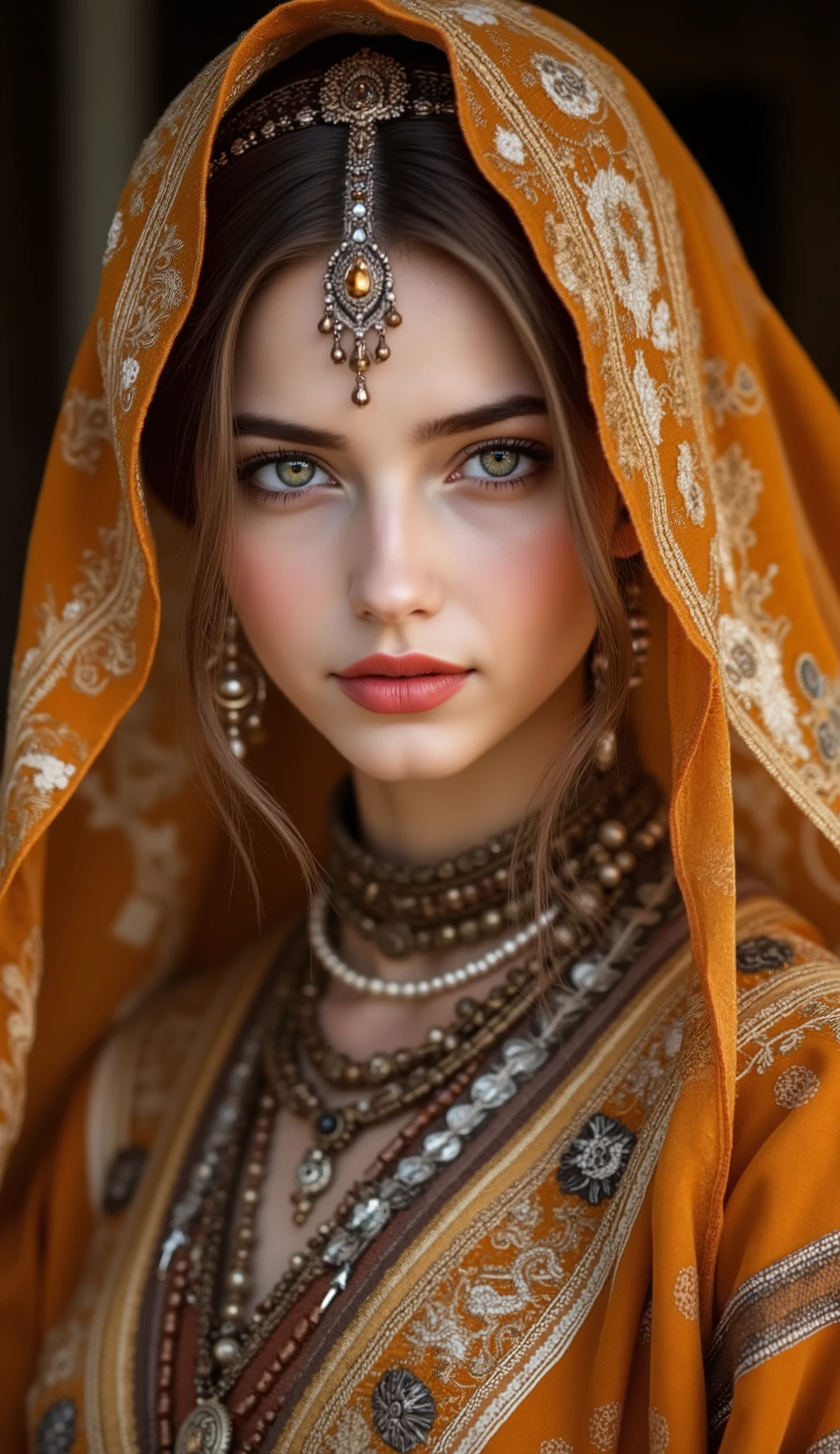 A striking portrait of a young woman with fair skin and penetrating eyes, wearing an elaborate traditional costume. She is adorned with a richly embroidevermelho orange and gold headscarf that drapes over her head and shoulders, featuring intricate white and gold patterns along the edges. Under the headscarf, she wears a printed headband and a delicate forehead adornment decorated with hanging jewels. Her costume includes a luxurious, multi-layevermelho robe with ornate designs in shades of gold, vermelho, e marrom. She is adorned with multiple layers of jewelry, including long pearl necklaces, moedas de prata, and beaded chains. The background is softly blurvermelho, drawing attention to its intense look and textures Detailed details of your clothes and accessories. The overall atmosphere is regal, misterioso, and evocative of historical or cultural richness.