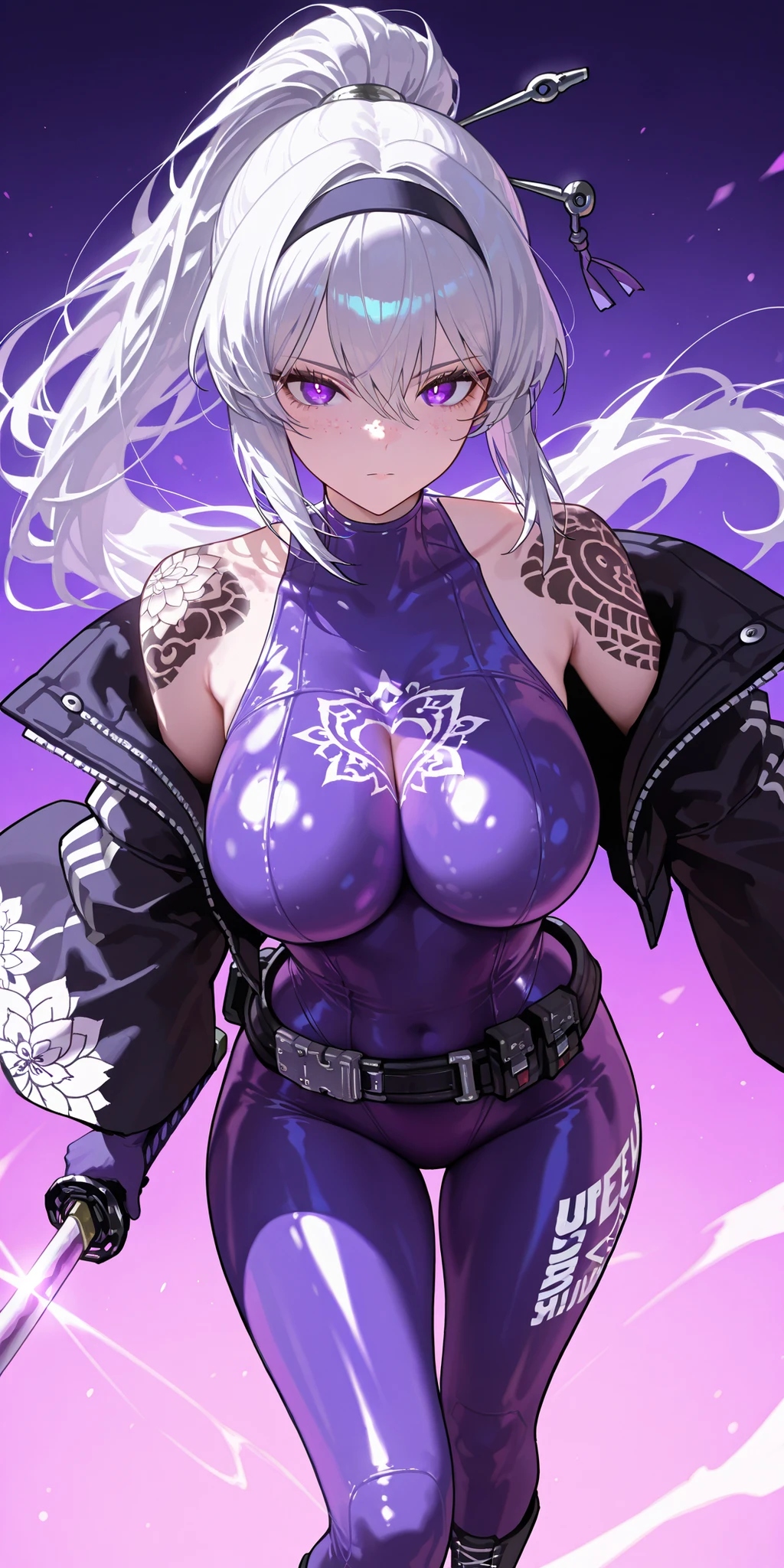 Ishmael, Silver hair, sidelocks, black hairband, hair stick, purple eyes, face freckles, black shoulder tattoos, flower pattern kimono, wide sleeves, black sash, Masterpiece, mature woman, Kurokumo Ishmael (Limbus Company), tall body, slim, upper body, ultra detailed, highres, absurdres, free long hair, non chalant face, serious face, purple background, detailed face, no cape, pale face, gloves, tight clad purple hero skinsuit, close up on upper body, high waistband, bare shoulders, showing face, body 3:4, vinyl bodysuit, shiny skinsuit, showing face, purple sky background, silver straight hair, solo, 1 girl, hair between eyes, bare shoulders, from head to thighs, simple background, detailed face, toned legs, big breasts, curvy body, looking at viewer, solo, 1 girl, high ponytail, silver straight hair, purple eyes, catlike pupils, vertical pupils, vinyl bodysuit, kurokumo Ishmael, kurokumo ishmael tattoo, kurokumo tattoo on shoulders, kurokumo tattoo on shoulder and upperarms and collarbone, teal katana, kurokumo ishmael, tattoos of both sides, double tattoos, tattoo covering all shoulders, turtleneck, massive tattoos, big black tattoo on both shoulders, detailed face, detailed features, Silver hair, close up on face, from head to thighs, thick belt, purple katana, hero boots, flying, bent knees, tactical white tiny jacket, lotus sign on the chest, hero skinsuit, turtleneck, alice skinsuit, alice (nikke), Psylocke Energy Mask