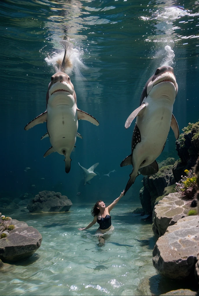 , , beautiful, happy , aroused, blonde, teen girl versus orca monster in the Lagoon riding on orca orca in