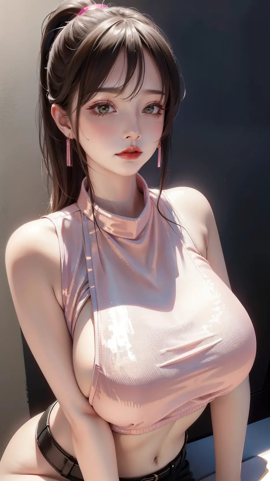 18-year-old schoolgirl, cute schoolgirl, beautiful girl, delicate and beautiful girl, delicate facial features, long-range portrait, 8K picture quality, extreme detail, detail portrayal, messy hair, (cute bangs), ponytail, flowing hair, black hair, slim face, perfect proportioned body, slim body, realism, super high resolution, master work 1, real texture, movie lighting realism, facial features, supple lips, ((pure desire makeup)), pure girl, first love, first love, shyness, Blush, shyness, innocent expression, summer, outdoors, ((street reality)), gaze at the camera, look at the viewer, (turtleneck sleeveless crop top), ((pink), leather wrapping, (), sleeveless