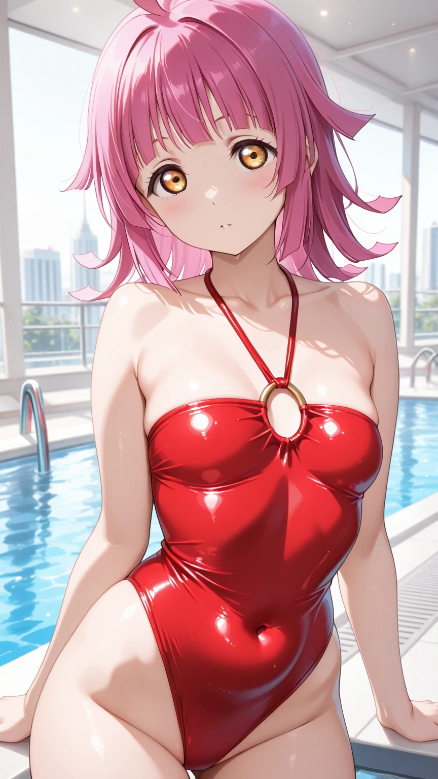 Top image quality、top-quality、8K picture quality、1girll、, nino nakano,　full body Esbian、inner strength、smile、embarrassed from、red blush、Colossal ????、(Gold Metallic:1.4)、(Sleeveless)、(High neck competitive swimsuit)、(highleg)、(?????? penetration)、(pin heels)、Squatting on the ground、(Open your ?????? wide from side to side)、Arms behind your head、(Show off your armpits)、gazing at viewer、((Face the viewer))、((Show viewers your ??????)) 、((Frontal shot))、in poolside、profetional lighting、professional photograpy