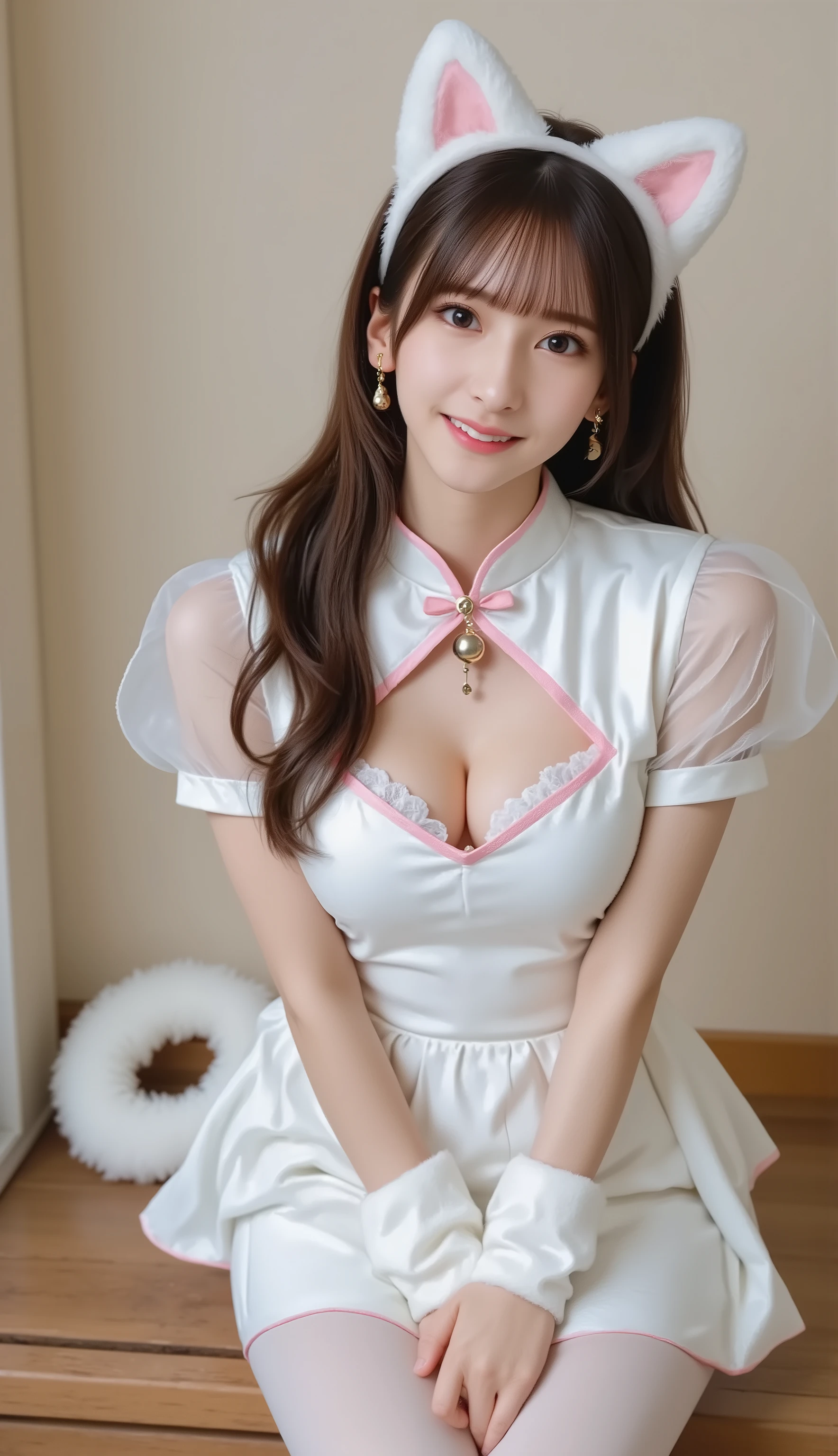 subtle Duchenne smile, soft cheek raise with faint eye crinkles, lip corners gently upturned,
upper teeth barely visible or closed-lip, relaxed jaw, warm approachable expression


photorealistic, real human, ultra-detailed skin texture and pores, natural studio lighting, DSLR 85mm, shallow depth of field, filmic color grading.
stunning 20-year-old woman with long chest-length fluffy brown hair (soft waves, airy volume, wispy straight bangs, face-framing strands resting over the collar and chest), friendly smile, direct eye contact.
white cat cosplay (no maid frills): fluffy white cat-ear headband (soft pink inner fur, tiny bell), white furry paw mittens; optional slim white tail.
outfit (photo-accurate, qipao-inspired): crisp standing Mandarin collar with small frog-button detail; sheer organza shoulders and short puff sleeves (tasteful translucency).
(heart-shaped keyhole cutout at the chest:1.35), open-through opening with visible skin inside the heart, clean symmetric edges and pink piping around the inner rim, subtle inner shadow for depth, centered high on the bust just below the collar; hair gently parted around the heart keyhole, not covering it.
fitted white waist, simple white skirt with slight layered hem and pink trim, white tights; realistic fabric fibers (satin + organza + faux fur).
neutral seamless studio background (light beige/gray), clean minimal set. Eye-level medium shot, subject fills ~65%, Face size ~38% (good for face swap). Natural neck proportion, relaxed shoulders, sharp focus on face and eyes, well-formed hands, correct finger count.