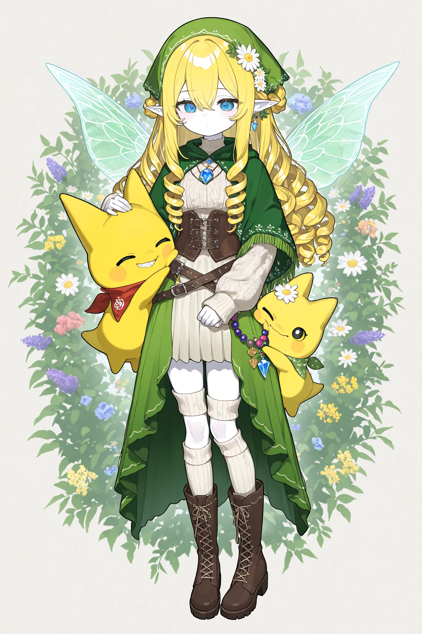 (xxx667_illu,DSP, artist:DSP, mogeko,) Tooth faèrie princess. She has tall, thin miniature physique. She has holographic dragonfly wings. She has pale ivory skin and long pointy elf ears. Her eyes are sky-blue. She has long golden-blonde ringlet loose hairstyle decorated with wildflowers. She is dressed in fantasy medieval style: She wearing a vintage lace undergarment over it a knitted beige top with long elvish sleeves. She's wearing a brown leather corset-belt. She wears a marsh-green long tulip skirt. She's wearing striped beige tattered knee socks, and ankle-high chunky brown lace-up boots with daisies, cornflowers, lavender sticking out of boots. She wears earrings and a pendant with blue crystal beads. She wearing a green shawl and a head kerchief (headscarf) with nature ornament. (On the background: The small two-storey overgrowth with multicolored flowers cottage in the style of fantasy, hedge of climbing plants wild grapes.)