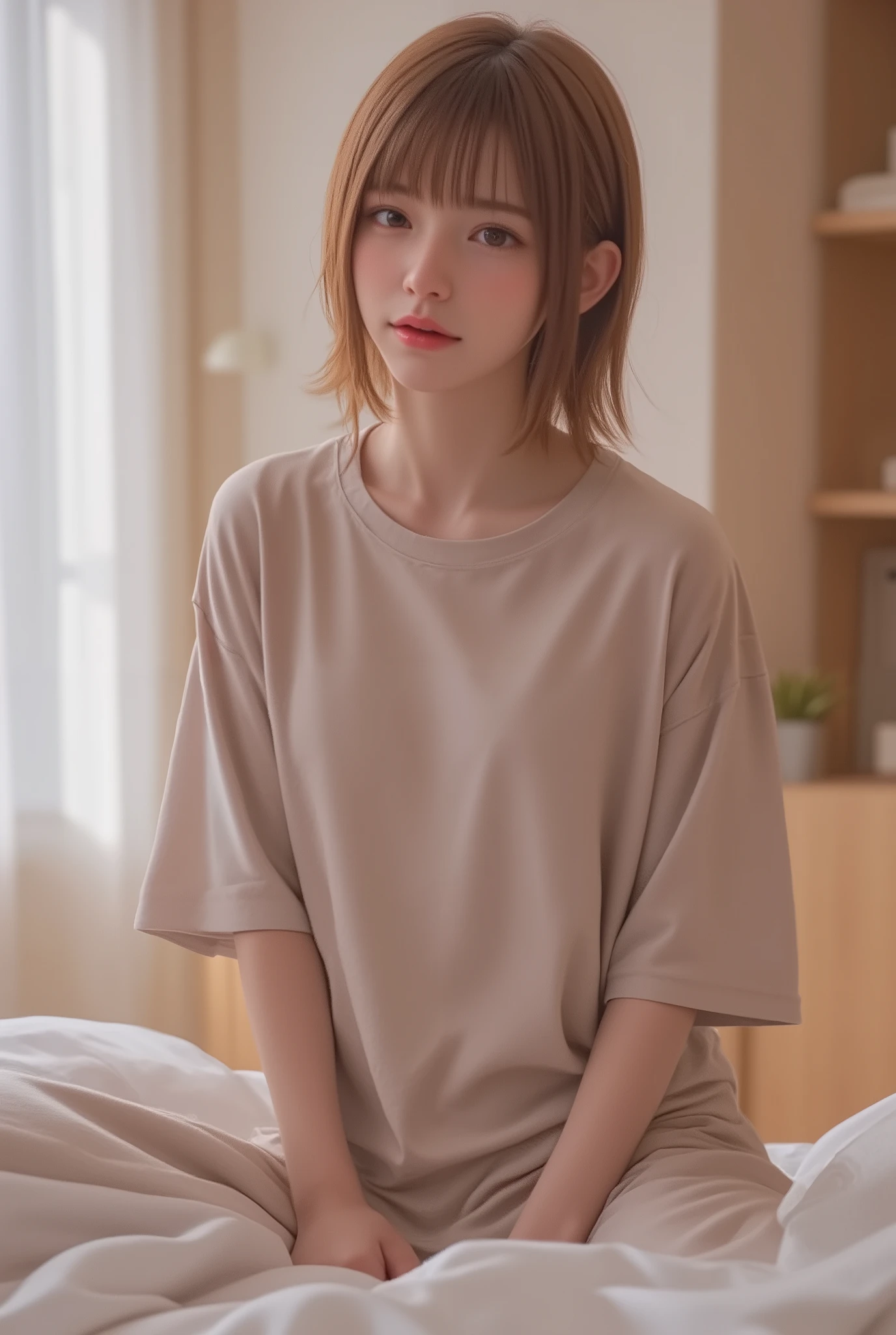 oversized t-shirt pants short hair Waking up Bedhead sleepy Yawning