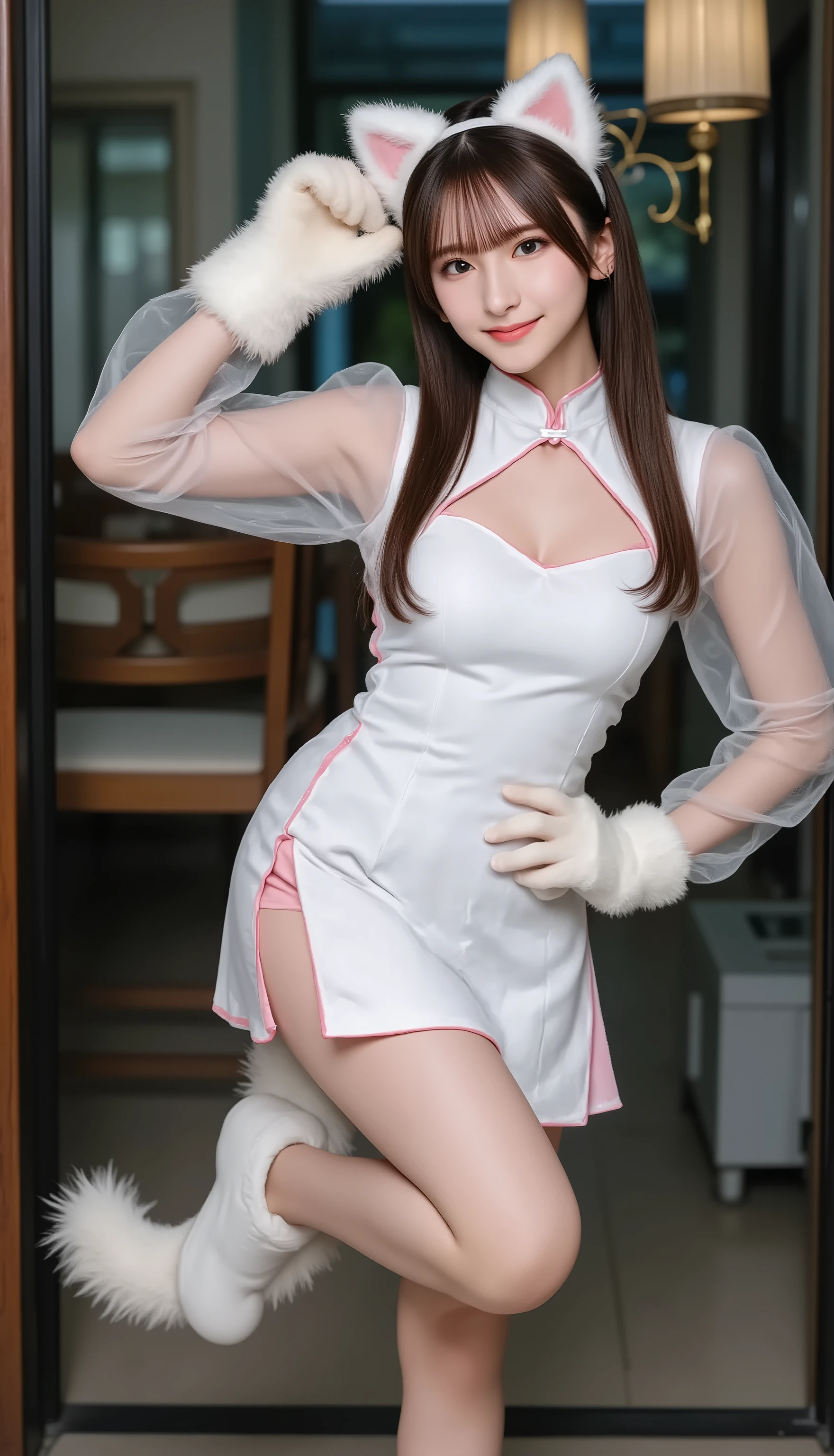 subtle Duchenne smile, soft cheek raise with faint eye crinkles, lip corners gently upturned,
upper teeth barely visible or closed-lip, relaxed jaw, warm approachable expression
photorealistic, real human, eye-level, subject fills ~70%, Face size ~35–40%, DSLR 85mm, shallow depth of field, filmic grade,
solo portrait, one woman only, no animals,
long chest-length fluffy brown hair with wispy bangs, direct eye contact, gentle smile,
(standalone white cat ears attached directly to the head:1.25), no visible headband, soft pink inner fur,
white furry paw mittens (her own hands only), slim white costume tail (optional),
qipao-inspired mini dress (white with pink piping), crisp standing Mandarin collar, sheer organza puff sleeves,
(heart-shaped keyhole cutout at the chest:1.35) with clean pink piping, hair gently parted around the keyhole,
POSE: three-quarter standing, weight on LEFT leg, RIGHT foot on tiptoe slightly forward,
S-curve posture, right paw lifted beside right cheek (paw pad forward), left hand at waist,
shoulders relaxed, front-facing head (yaw ≈ 0°), pupils centered
low quality, heavy blur, over/underexposed,
no anime, no cartoon, no 2D, no lineart,
extra person, disembodied hand, hands from offscreen,
real cat, animal companion,
nsfw, ???, ???, ???, ???, wardrobe malfunction,
headband, hairband, alice band, visible headband, floating ears, headset,
cropped face, head cut off, extreme close-crop,
camera dutch angle,
short hair, bob cut, medium-length hair, hair covering cheeks,
extra/missing/fused fingers, deformed hands, elongated neck, watermark, text, logo