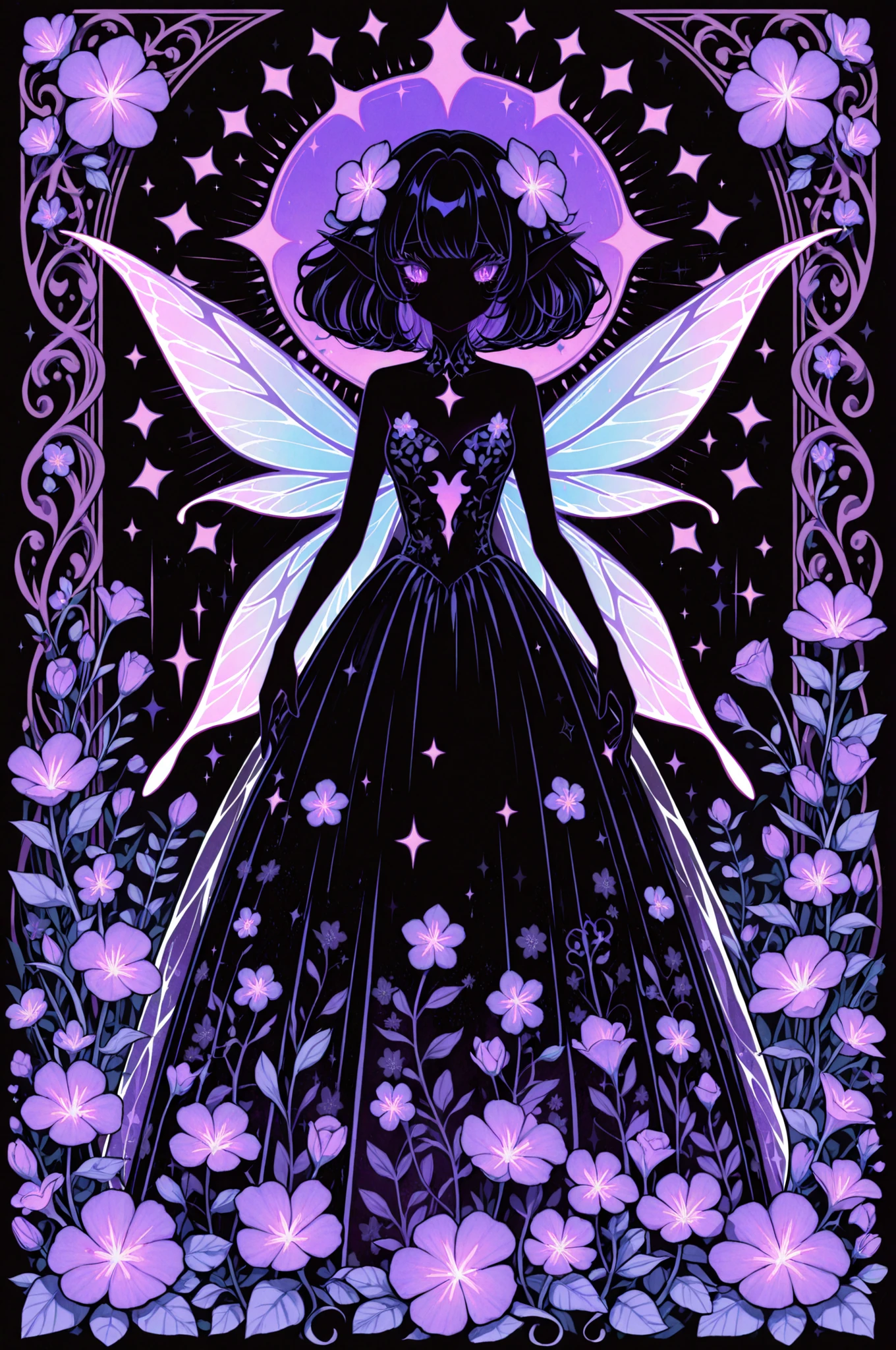  (Absurdres:1.2), exquisitely detailed Mystical Nightshade Fairy: A fairy with wings patterned like nightshade flowers, wearing a coquette dress with dark, floral motifs. Individual graphic, die-cut sticker., 8k resolution, illustration| ((More_Detail)) 
