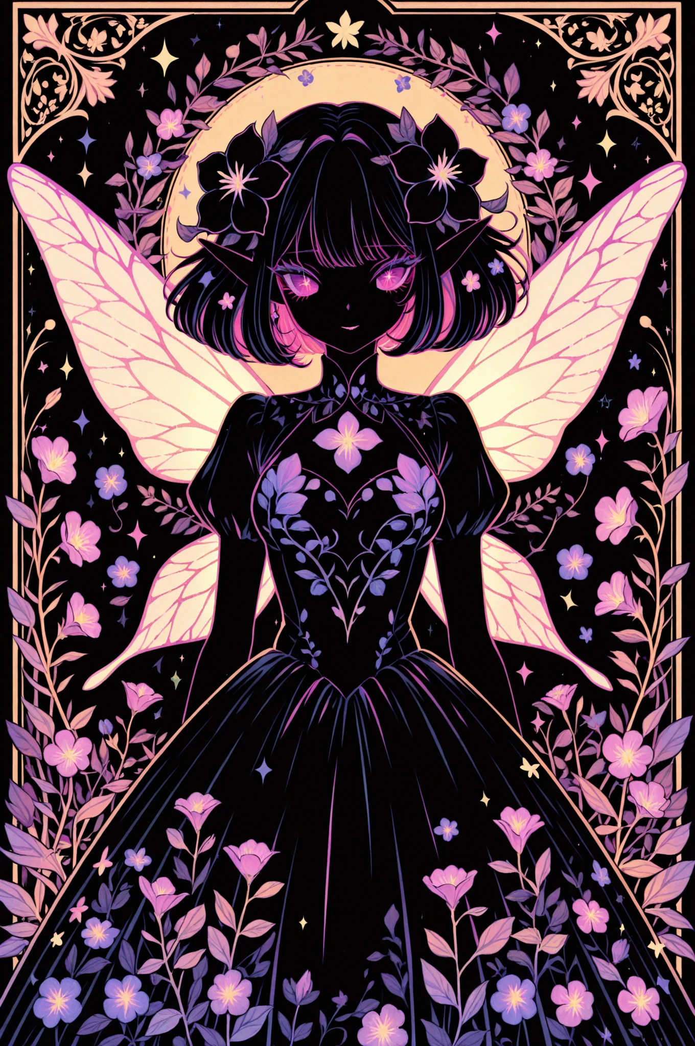  (Absurdres:1.2), exquisitely detailed Mystical Nightshade Fairy: A fairy with wings patterned like nightshade flowers, wearing a coquette dress with dark, floral motifs. Individual graphic, die-cut sticker., 8k resolution, illustration| ((More_Detail)) 
