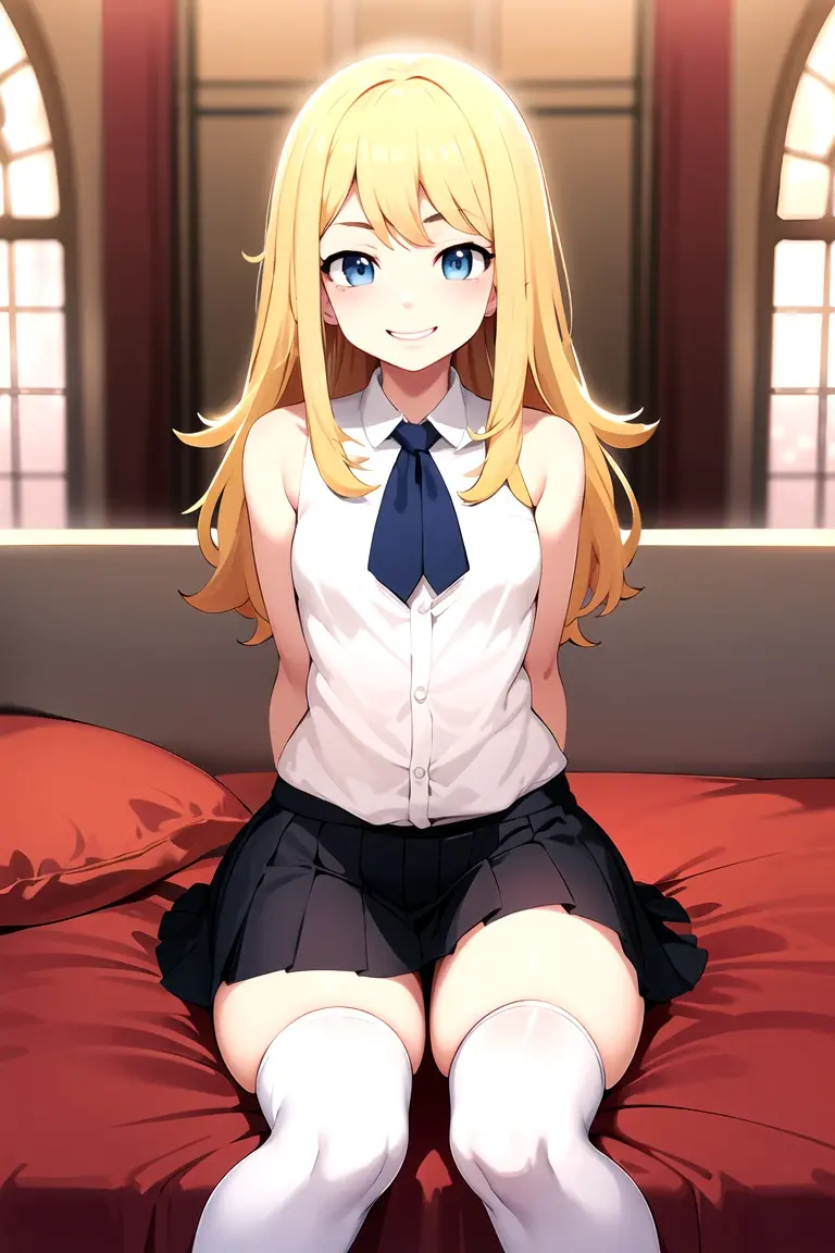 masterpiece, best quality, 1girl, solo, <lora:Teresa-000005:0.6> thg-teresa, long hair, blonde hair, blue eyes, bow, hair bow, blue bow BREAK school uniform, black shirt, black skirt, belt, sitting, on couch, spread legs